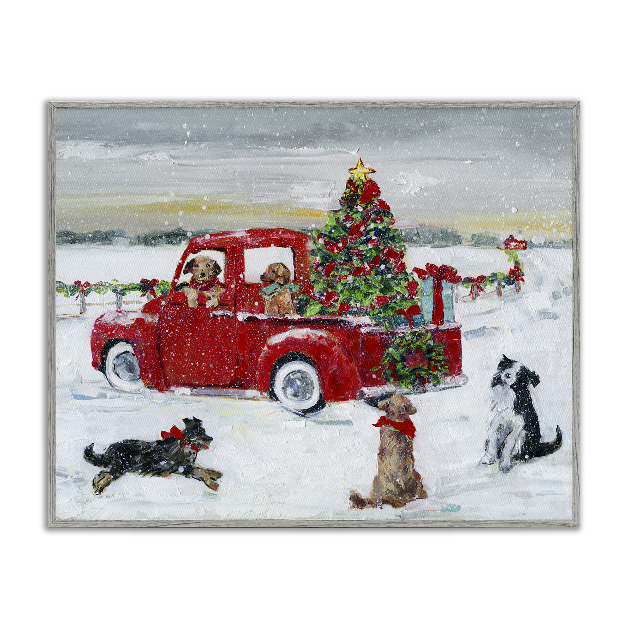 Stupell Industries Seasonal Truck with Dogs Holiday Painting Gray Framed Art Prints Wall Art, 30 x 24