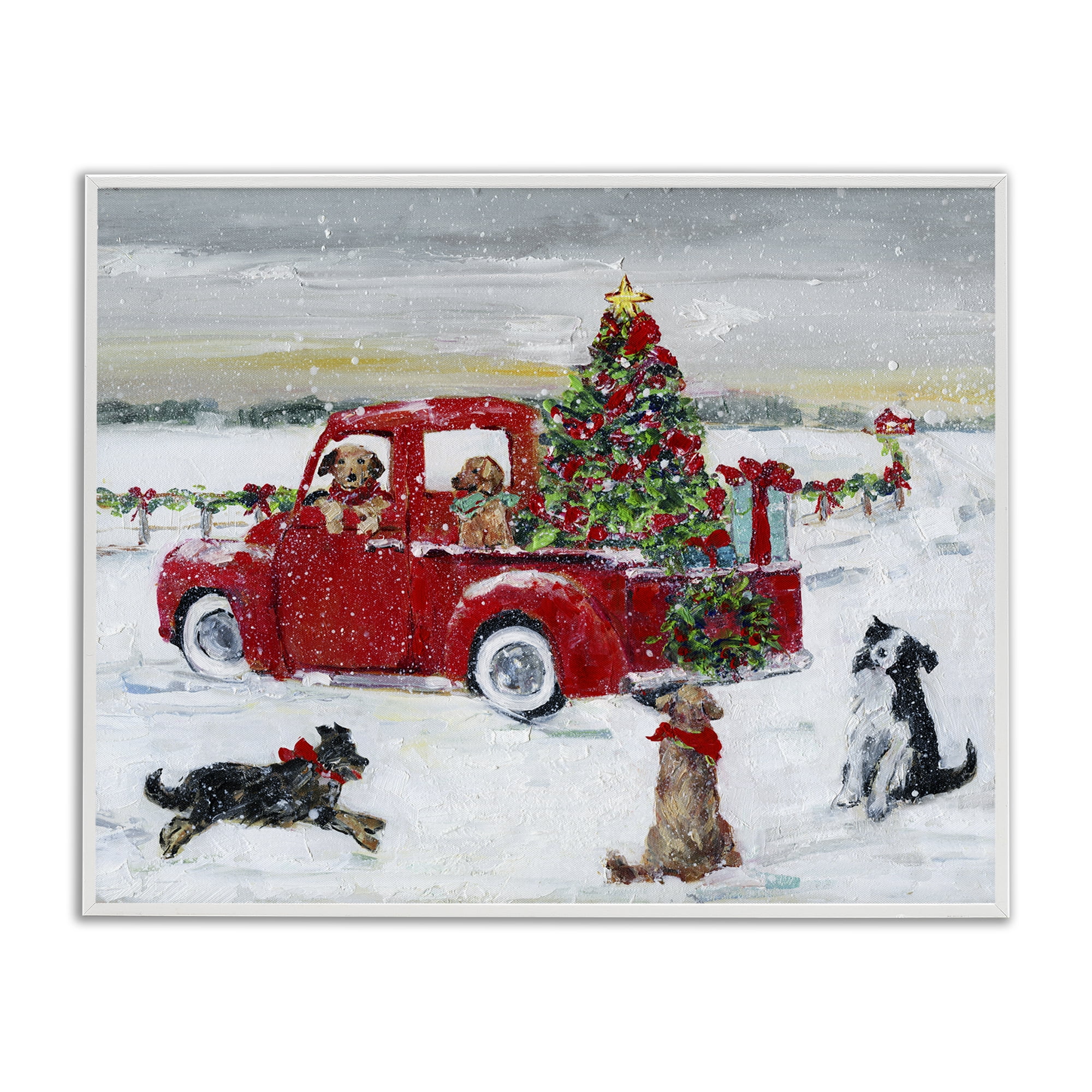 Stupell Industries Seasonal Truck with Dogs Holiday Painting White Framed Art Prints Wall Art, 20 x 16