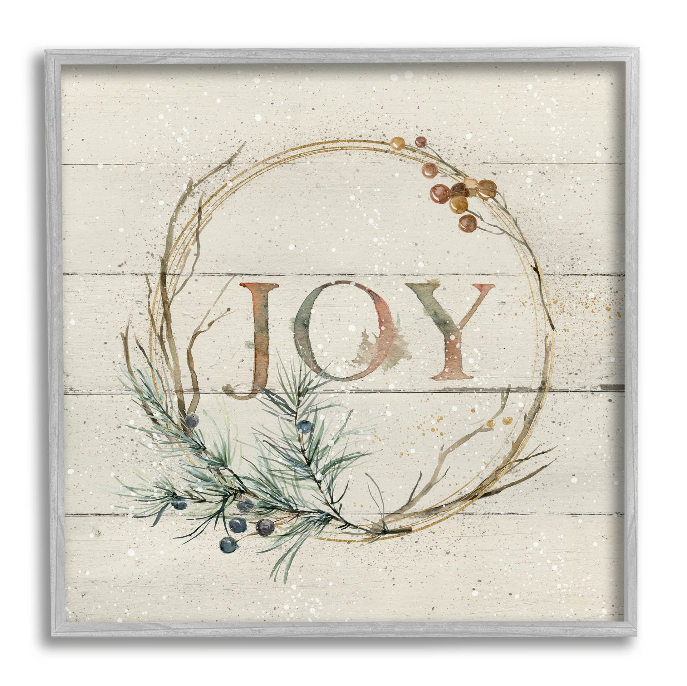 Stupell Industries Seasonal Winter Joy Wreath Graphic Art Gray Framed Art Print Wall Art, Design by Carol Robinson