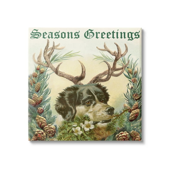 Stupell Industries Seasons Greetings Dog Wearing Antlers Botanical Border Graphic Art Gallery Wrapped Canvas Print Wall Art, Design by Alicia Longley