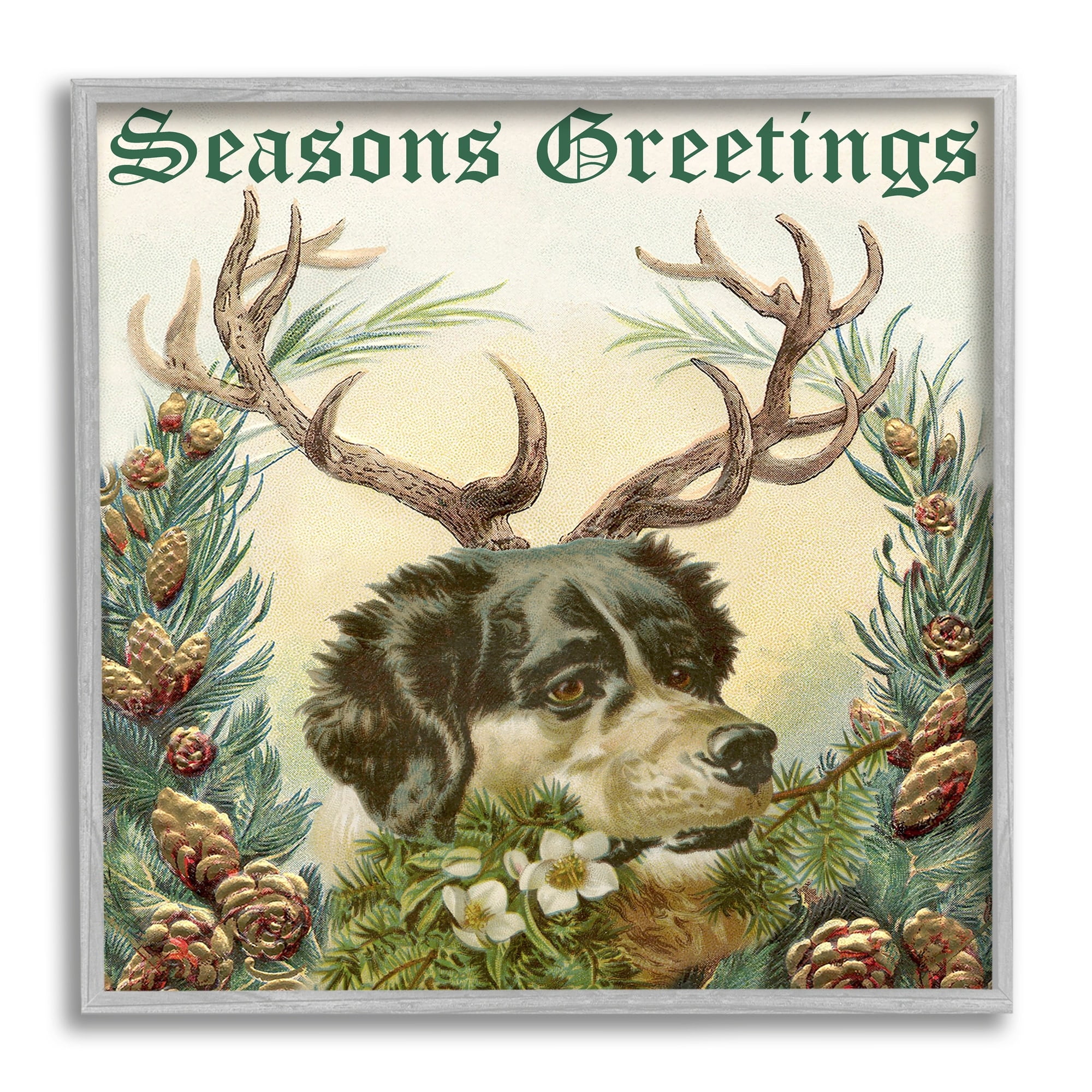 Stupell Industries Seasons Greetings Dog Wearing Antlers Botanical Border Graphic Art Gray Framed Art Print Wall Art, Design by Alicia Longley
