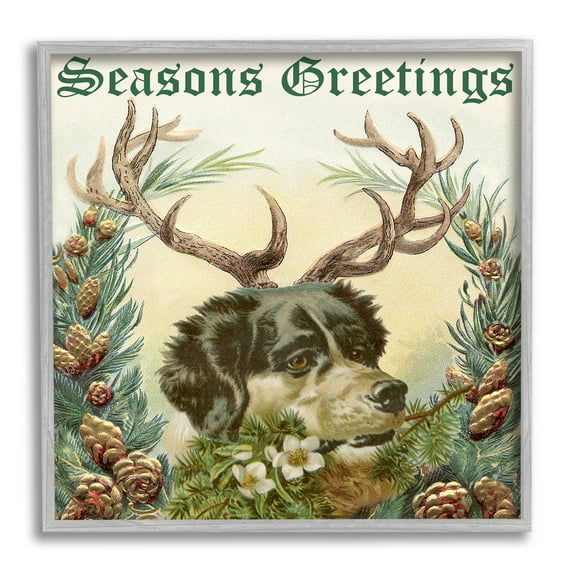 Stupell Industries Seasons Greetings Dog Wearing Antlers Botanical Border Graphic Art Gray Framed Art Print Wall Art, Design by Alicia Longley