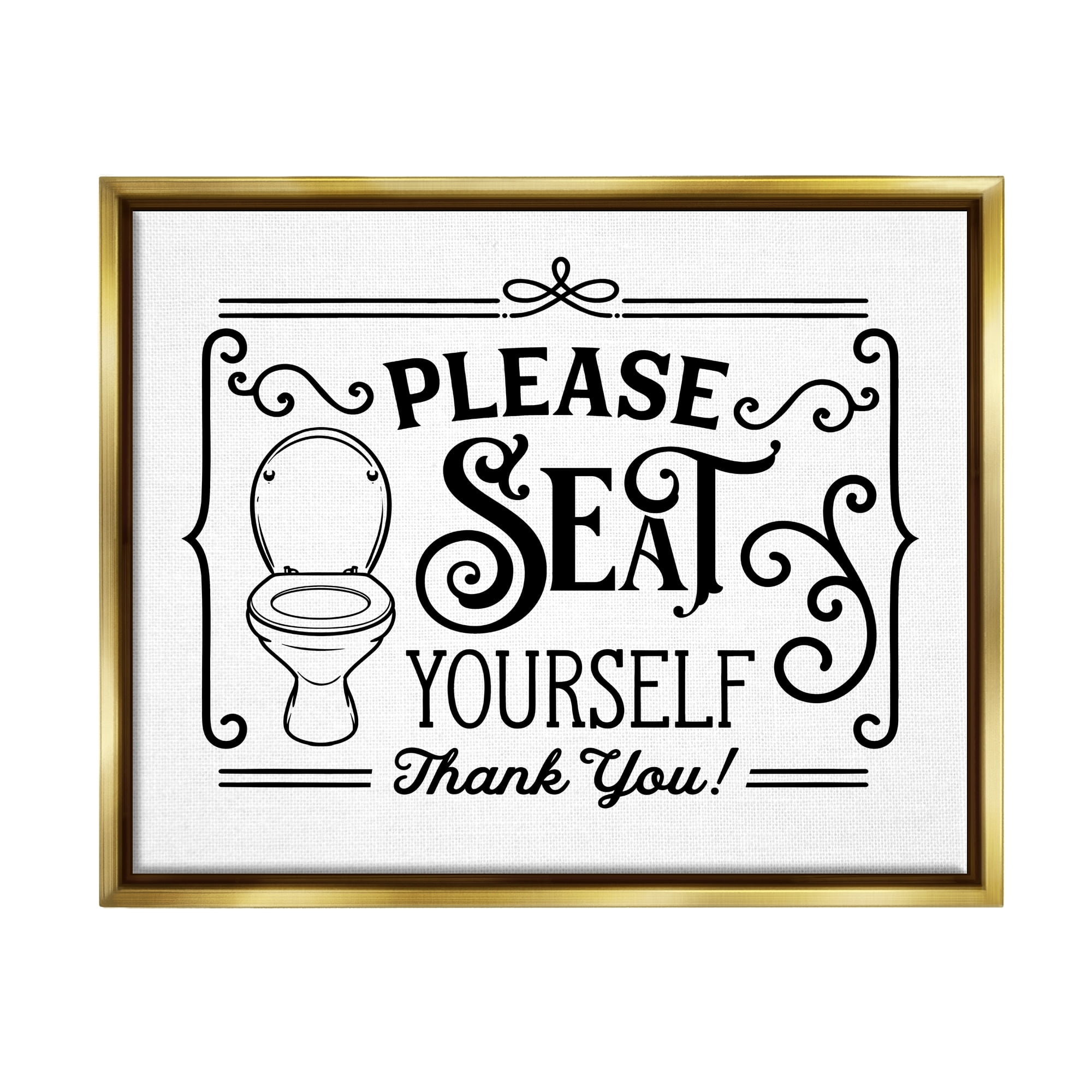 Stupell Industries Seat Yourself Vintage Style Bathroom Toilet Design Graphic Art Metallic Gold Floating Framed Canvas Print Wall Art, Design by Lettered and Lined