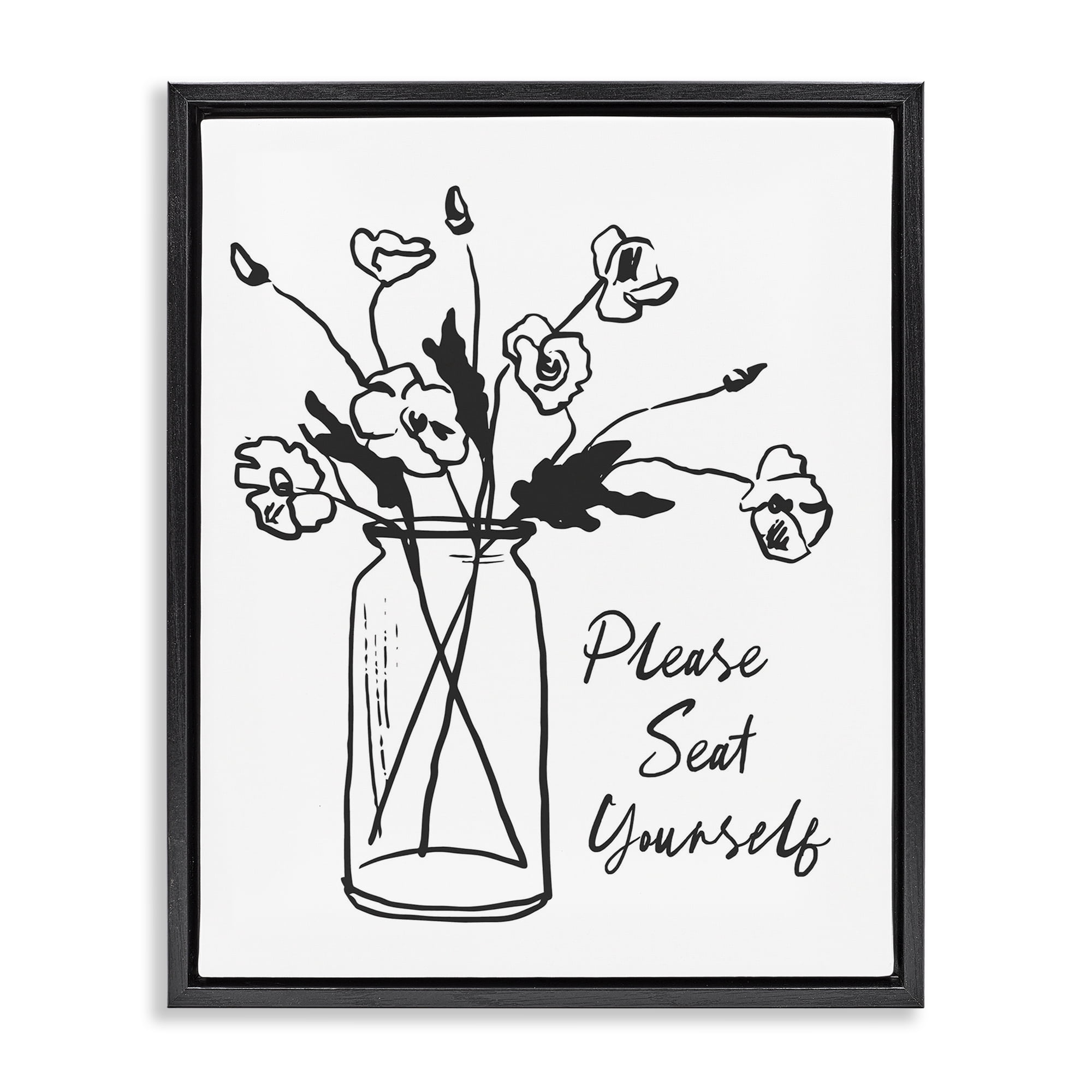 Stupell Industries Seat Yourself Bathroom Flowers Black Framed Floater Canvas Wall Art, design by Lettered and Lined
