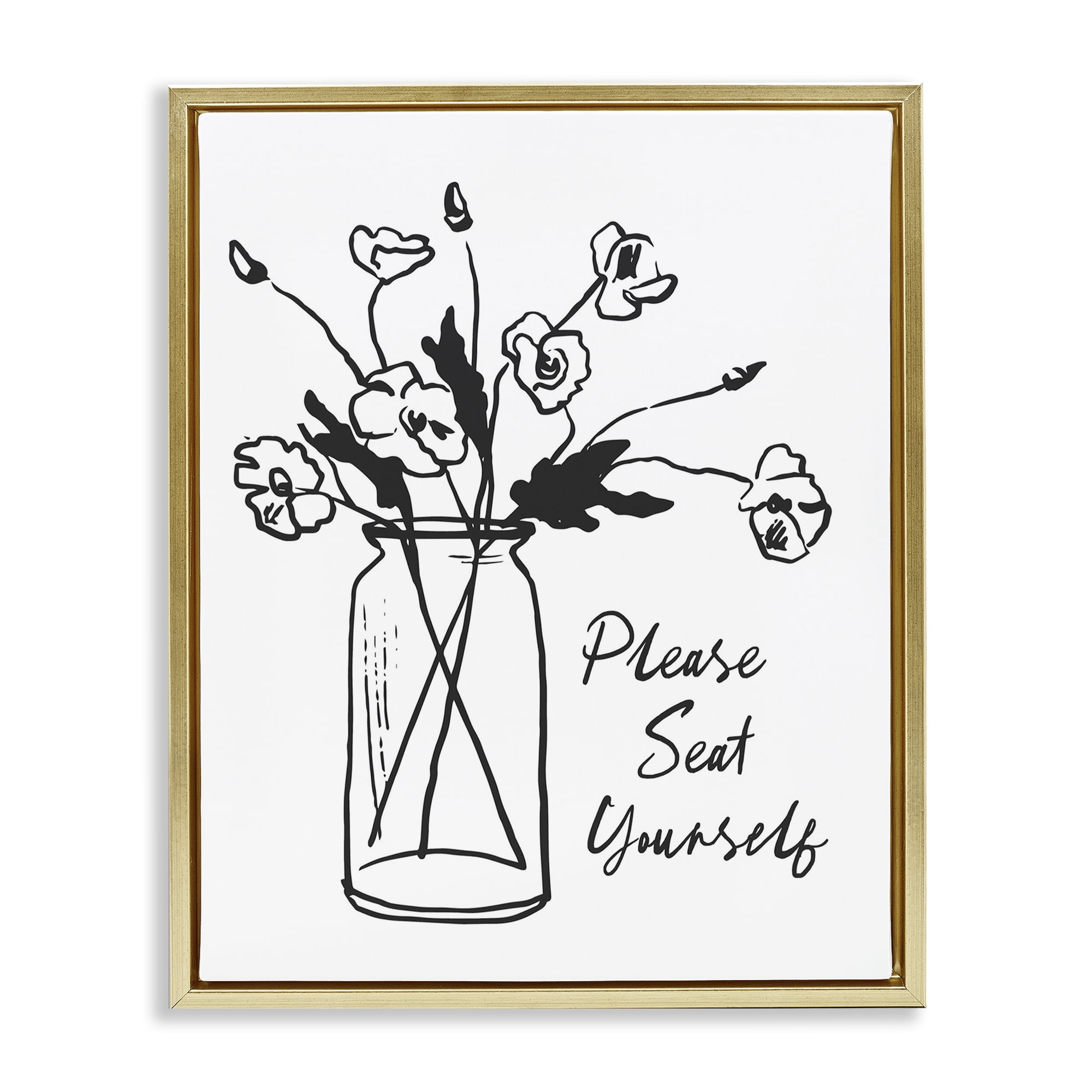 Stupell Industries Seat Yourself Bathroom Flowers Gold Framed Floater Canvas Wall Art, design by Lettered and Lined
