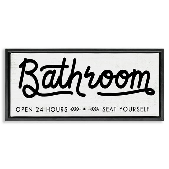Stupell Industries Seat Yourself Bathroom Sign Typography Painting Black Floater Framed Canvas Art Print Wall Art, 31 x 14