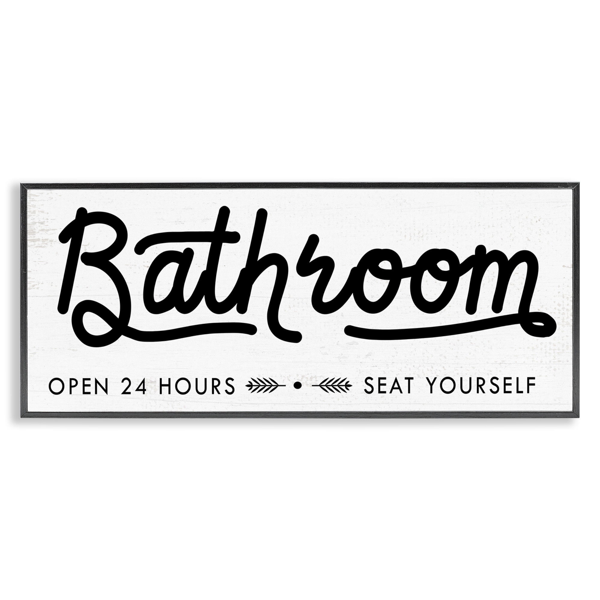 Stupell Industries Seat Yourself Bathroom Sign Typography Painting Black Framed Art Print Wall Art, 24 x 10