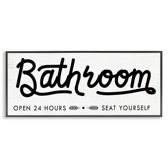 Stupell Industries Seat Yourself Bathroom Sign Typography Painting Black Framed Art Print Wall Art, 24 x 10