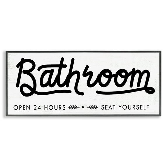 Stupell Industries Seat Yourself Bathroom Sign Typography Painting Black Framed Art Print Wall Art, 30 x 13
