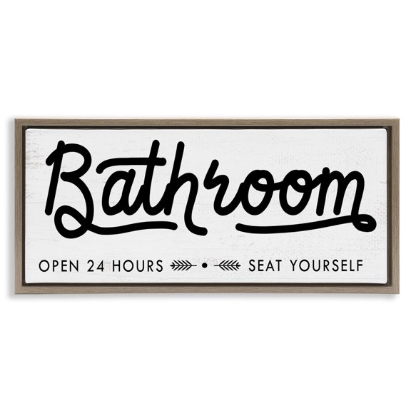 Stupell Industries Seat Yourself Bathroom Sign Typography Painting Brown Floater Framed Canvas Art Print Wall Art, 25 x 11