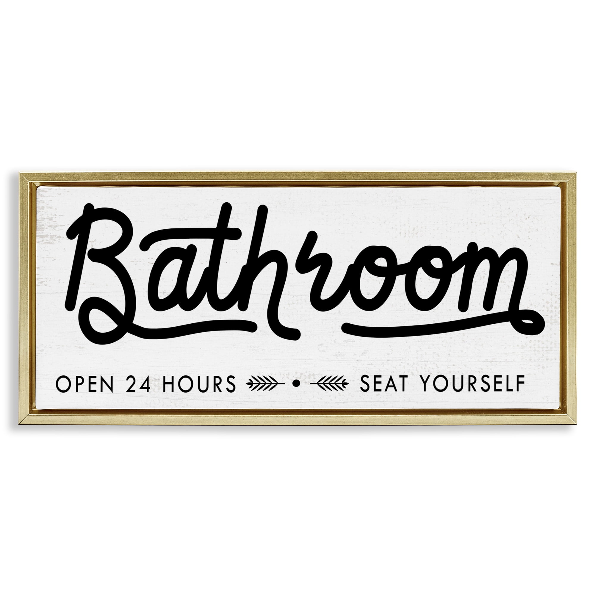 Stupell Industries Seat Yourself Bathroom Sign Typography Painting Gold Floater Framed Canvas Art Print Wall Art, 31 x 14