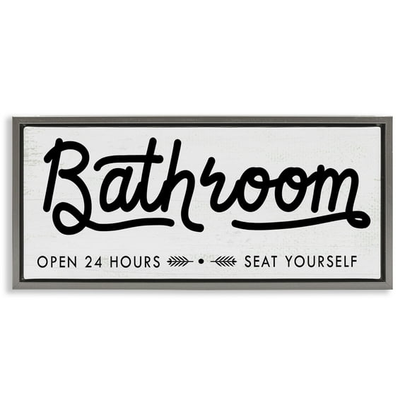 Stupell Industries Seat Yourself Bathroom Sign Typography Painting Gray Floater Framed Canvas Art Print Wall Art, 31 x 14