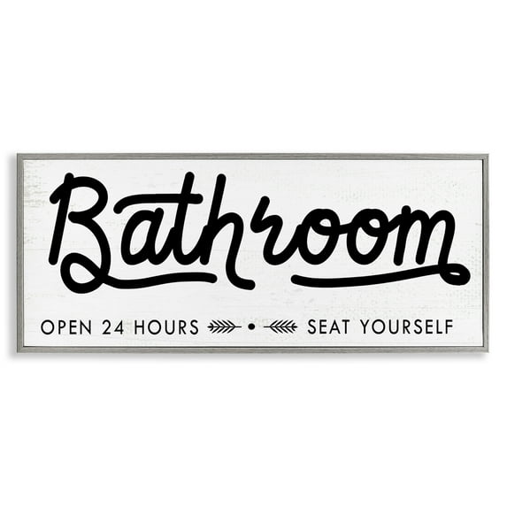Stupell Industries Seat Yourself Bathroom Sign Typography Painting Gray Framed Art Print Wall Art, 30 x 13
