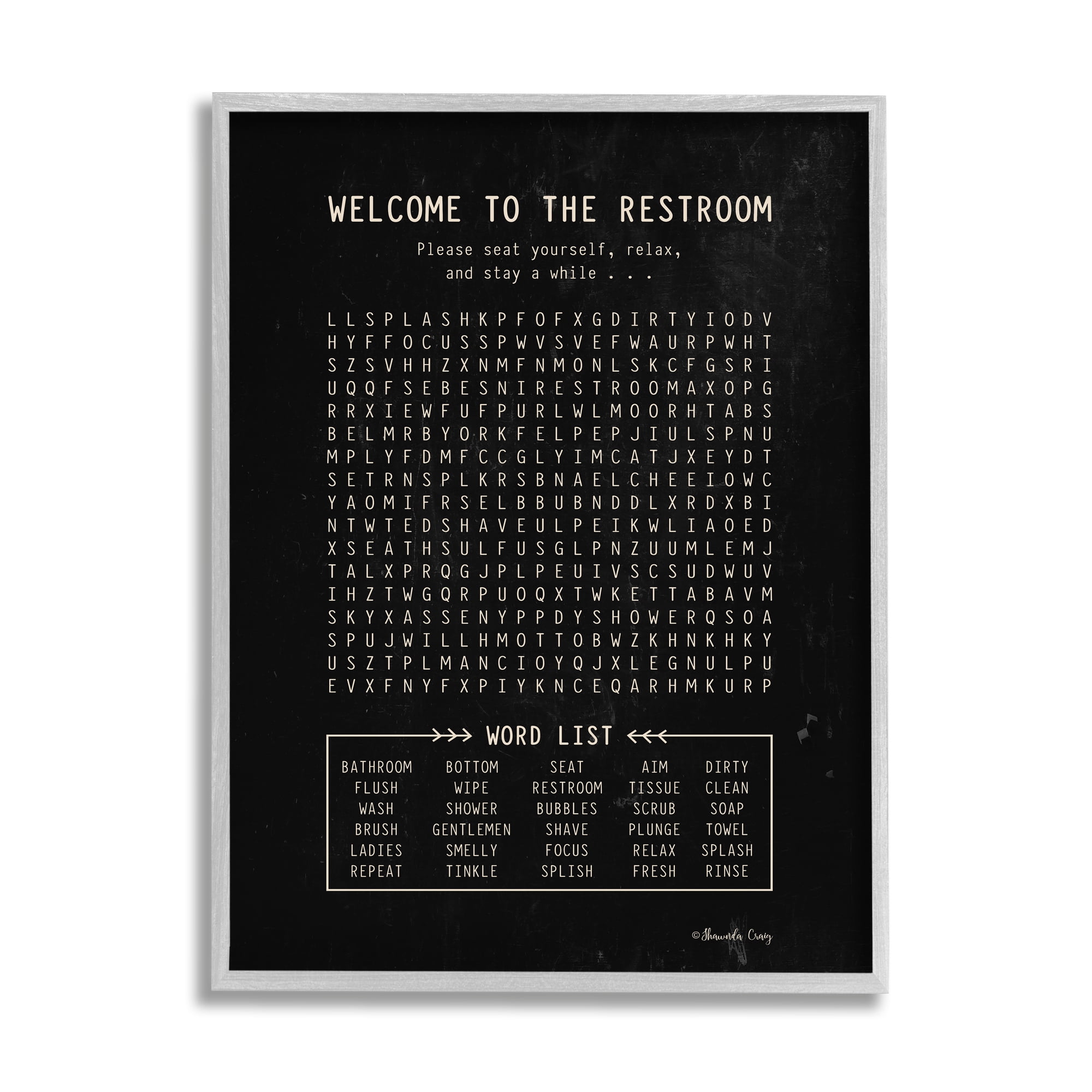 Stupell Industries Seat Yourself Restroom Crossword Activity Distressed Black Inspirational Painting Gray Framed Art Print Wall Art, 11 x 14