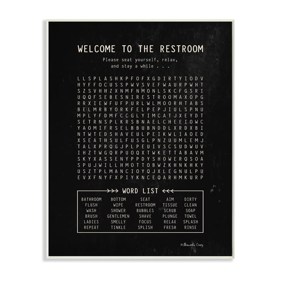 Stupell Industries Seat Yourself Restroom Crossword Activity Distressed Black Inspirational Painting Unframed Art Print Wall Art, 13 x 19