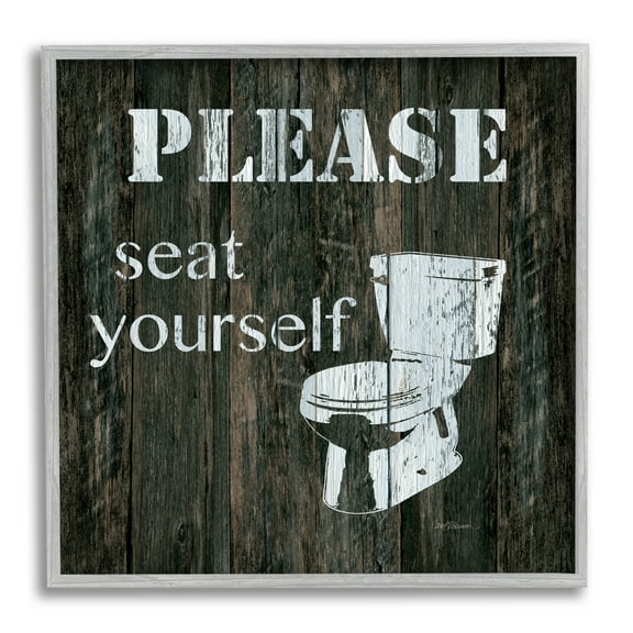 Stupell Industries Seat Yourself Rustic Bathroom Sign Distressed Toilet Typography Painting Gray Framed Art Print Wall Art, 12 x 12