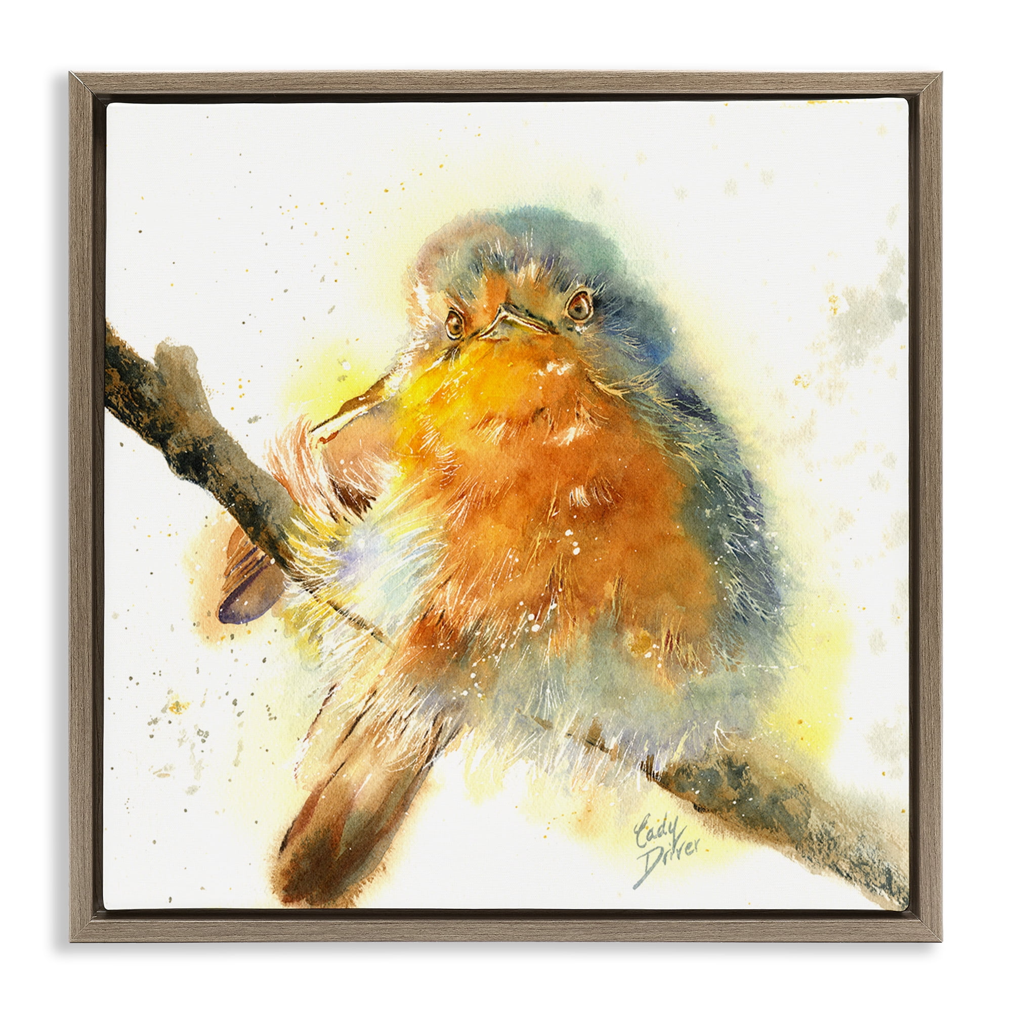 Stupell Industries Seated Songbird Watercolor Brown Framed Floater Canvas Wall Art, design by Cady Driver
