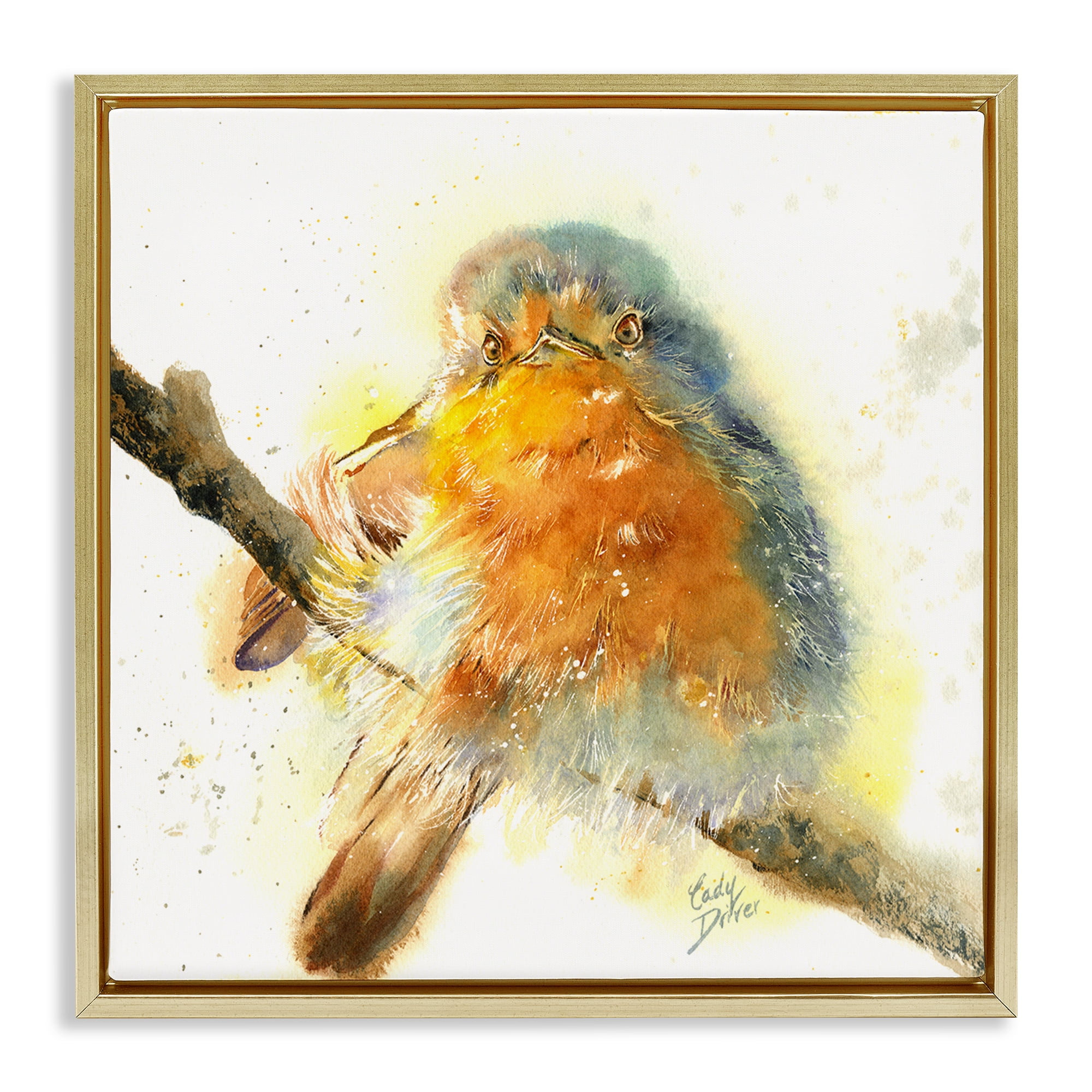 Stupell Industries Seated Songbird Watercolor Gold Framed Floater Canvas Wall Art, design by Cady Driver