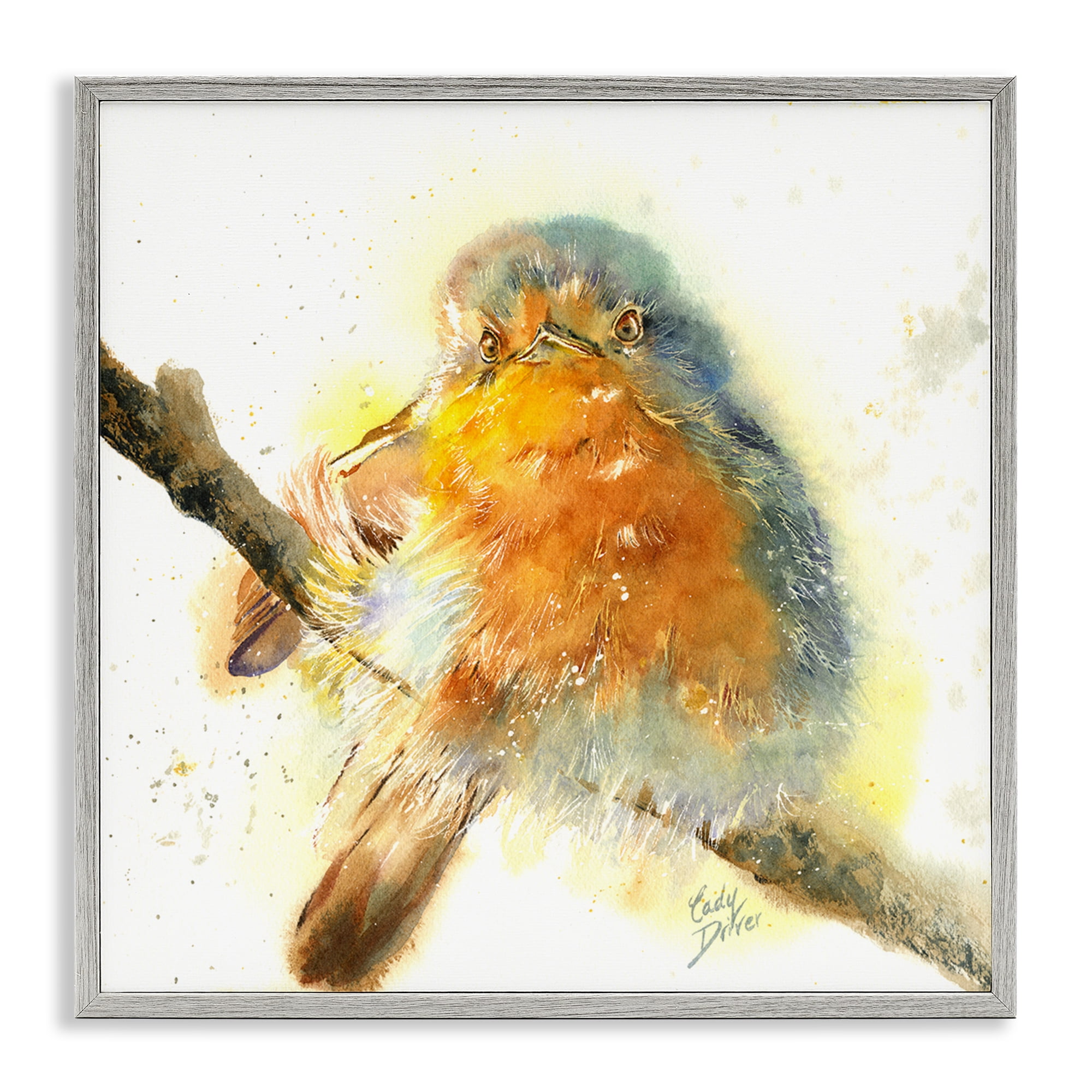 Stupell Industries Seated Songbird Watercolor Gray Framed Giclee Art, design by Cady Driver