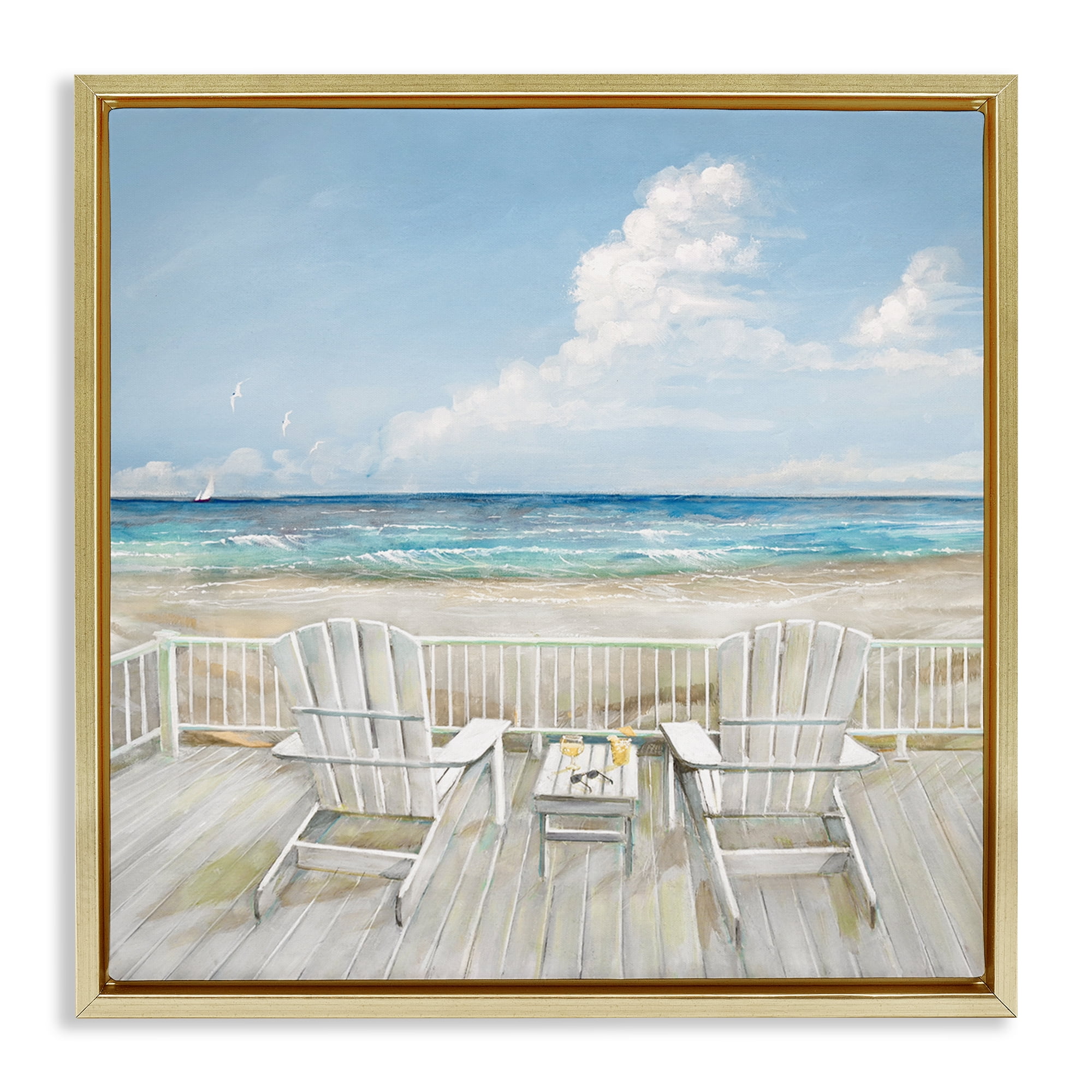 Stupell Industries Seats Overlooking Beach Nautical & Beach Painting Gold Floater Framed Canvas Art Print Wall Art, 18 x 18