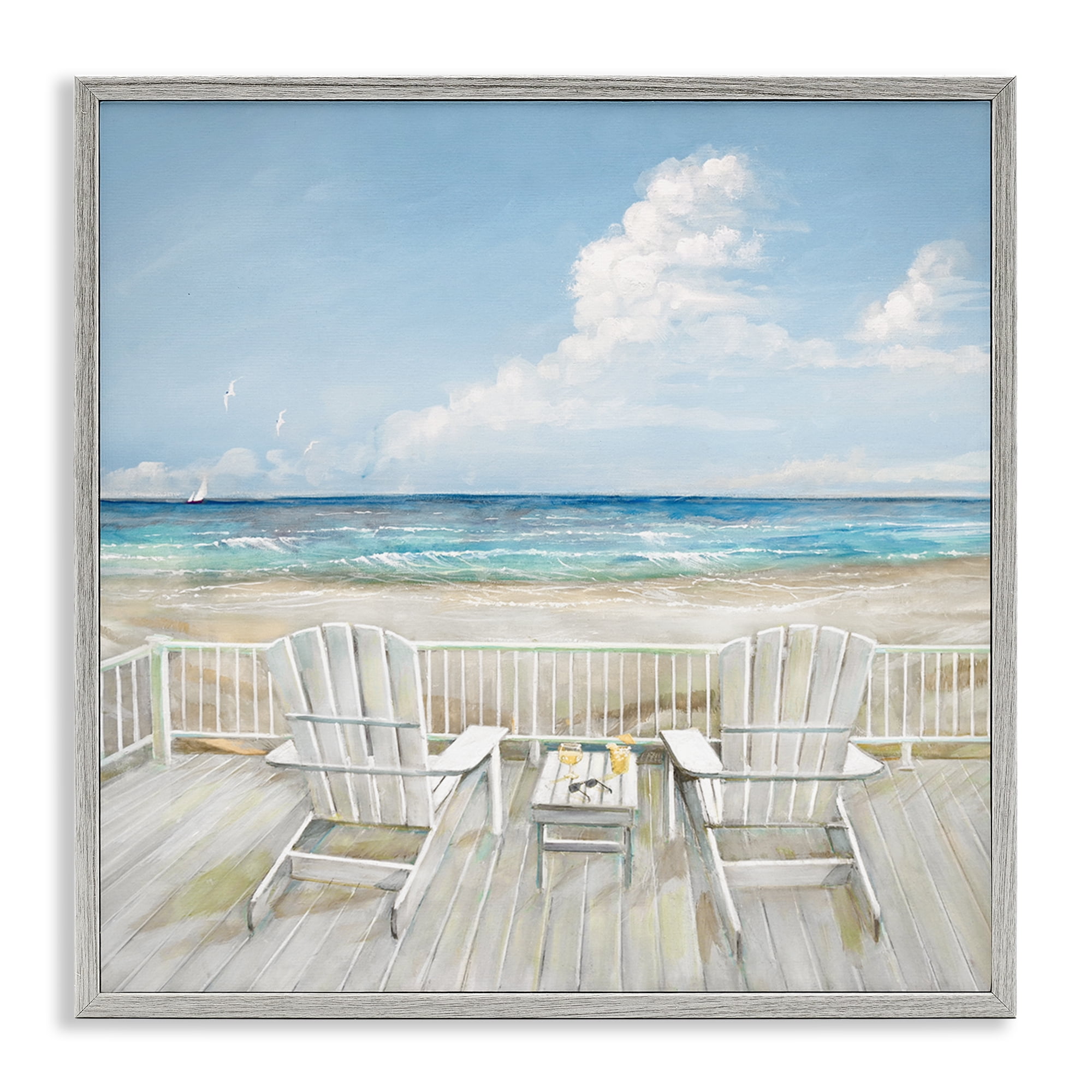 Stupell Industries Seats Overlooking Beach Nautical & Beach Painting Gray Framed Art Print Wall Art, 12 x 12