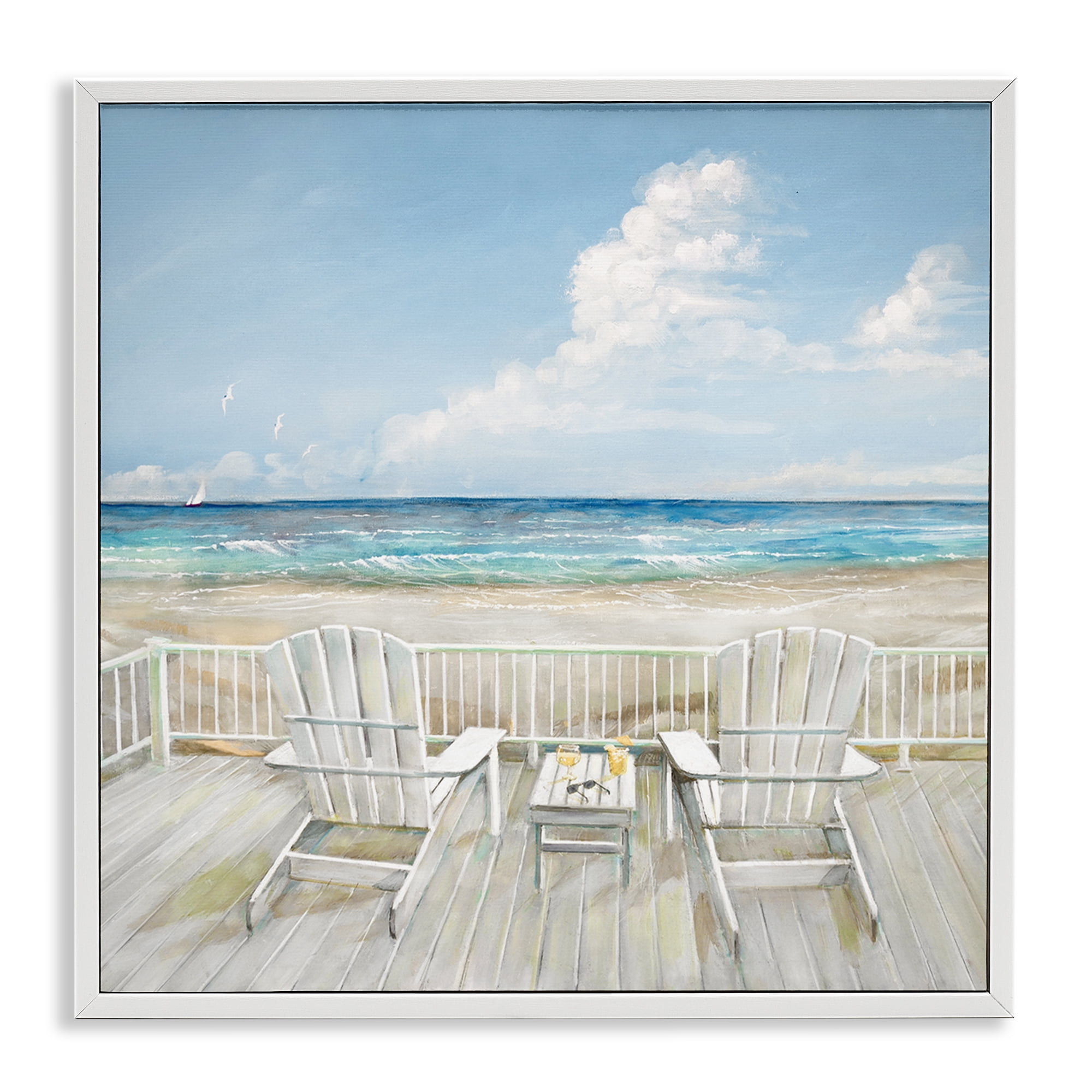 Stupell Industries Seats Overlooking Beach Nautical & Beach Painting White Framed Art Print Wall Art, 17 x 17