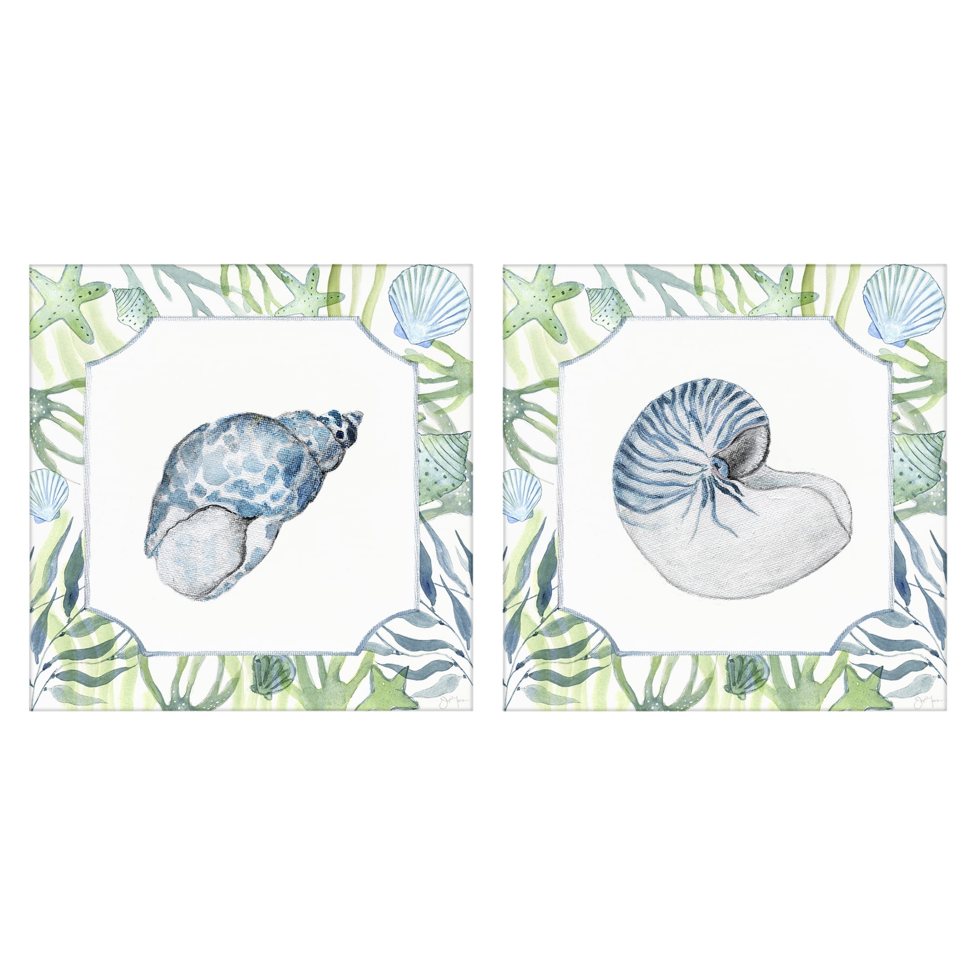 Stupell Industries Seaweed Bordered Seashells 2 Piece Canvas Wall Art Set, design by Janet Tava