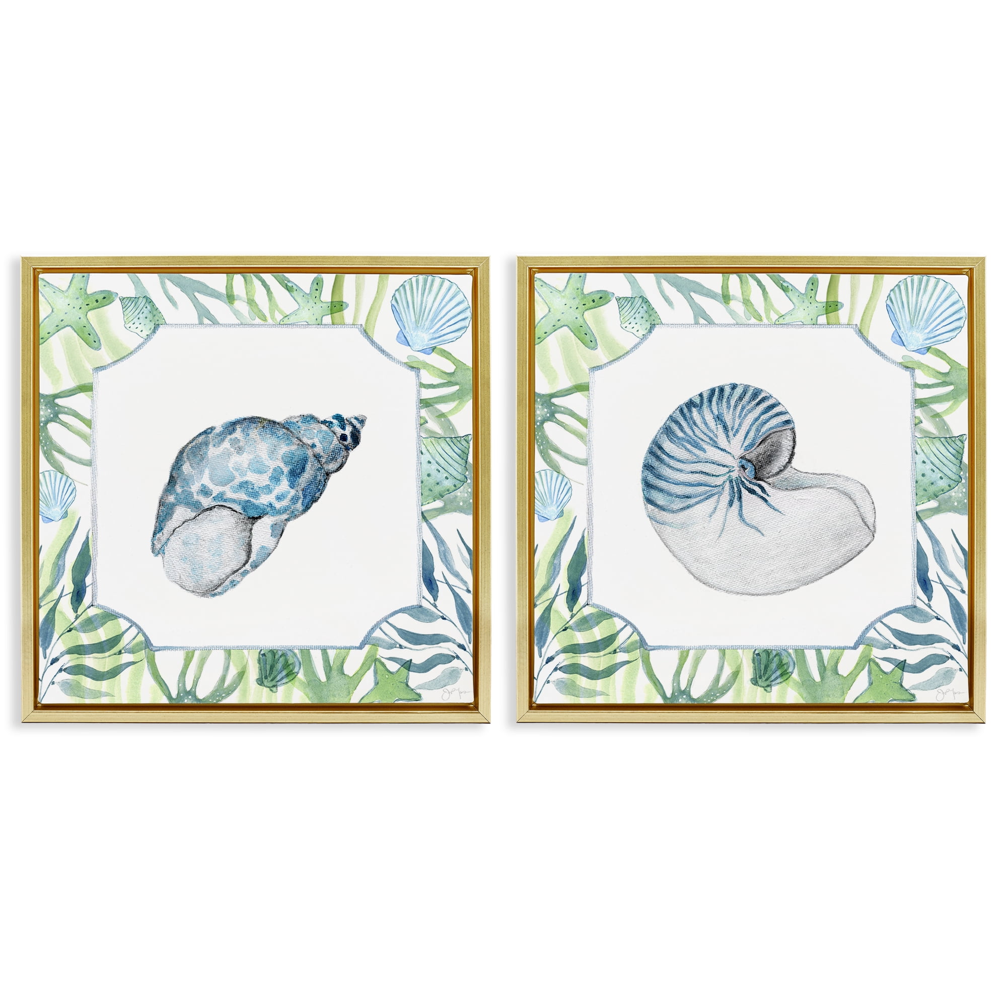 Stupell Industries Seaweed Bordered Seashells 2 Piece Gold Framed Floater Canvas Set, design by Janet Tava