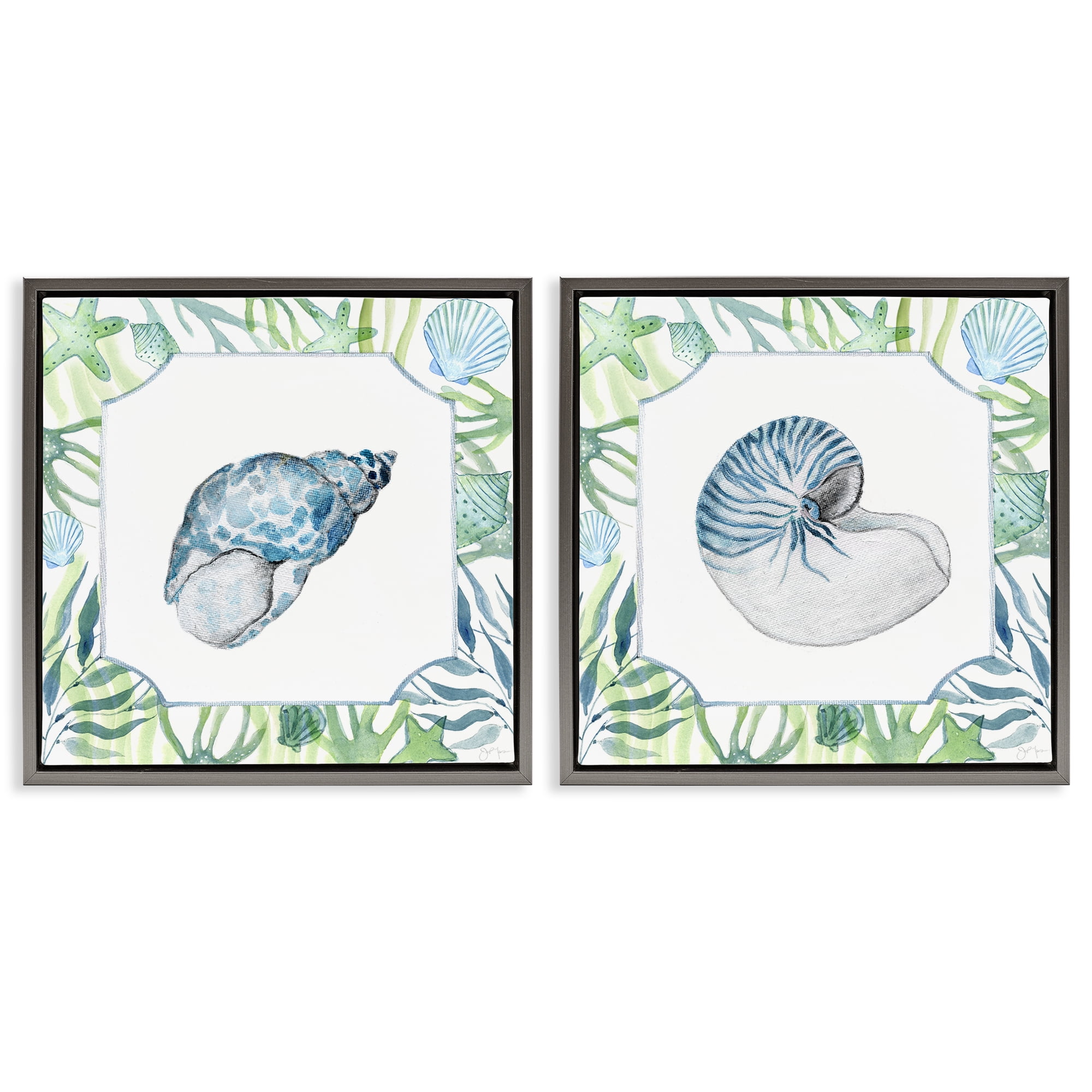 Stupell Industries Seaweed Bordered Seashells 2 Piece Gray Framed Floater Canvas Set, design by Janet Tava