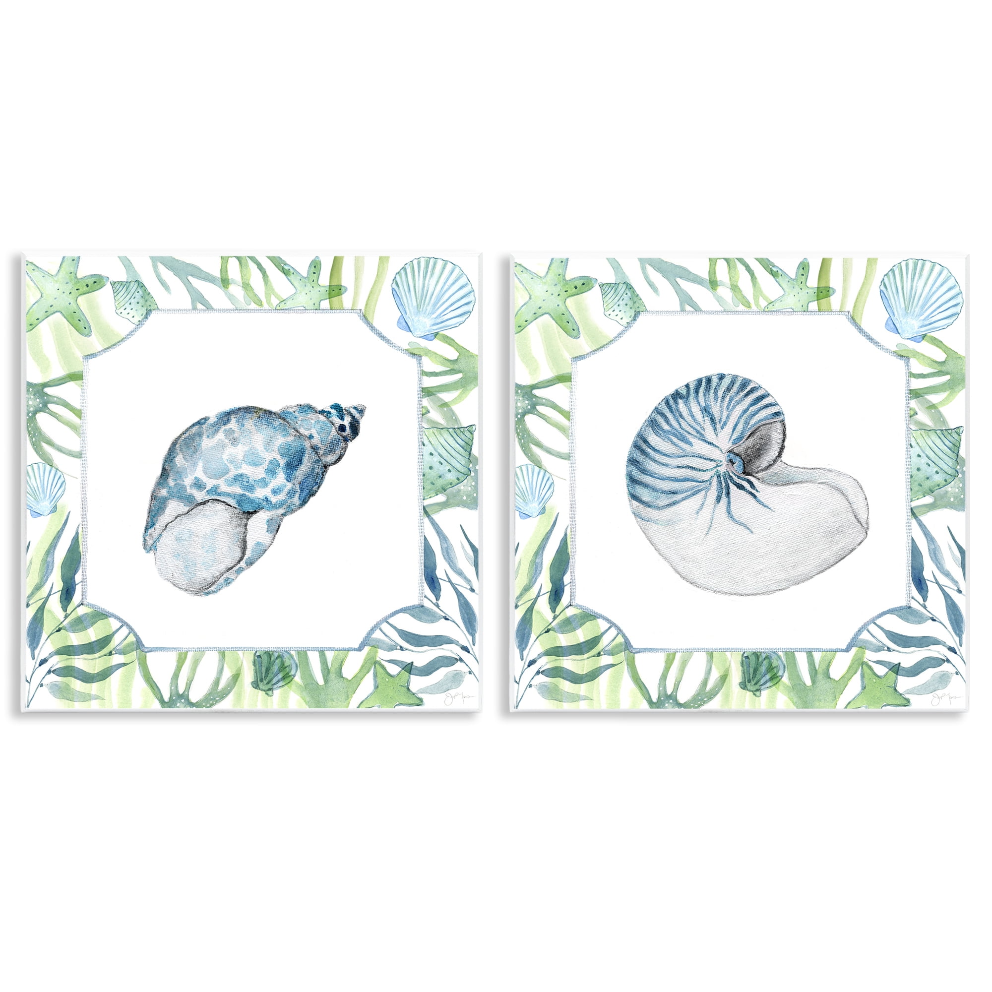 Stupell Industries Seaweed Bordered Seashells 2 Piece Wall Plaque Art Set, design by Janet Tava