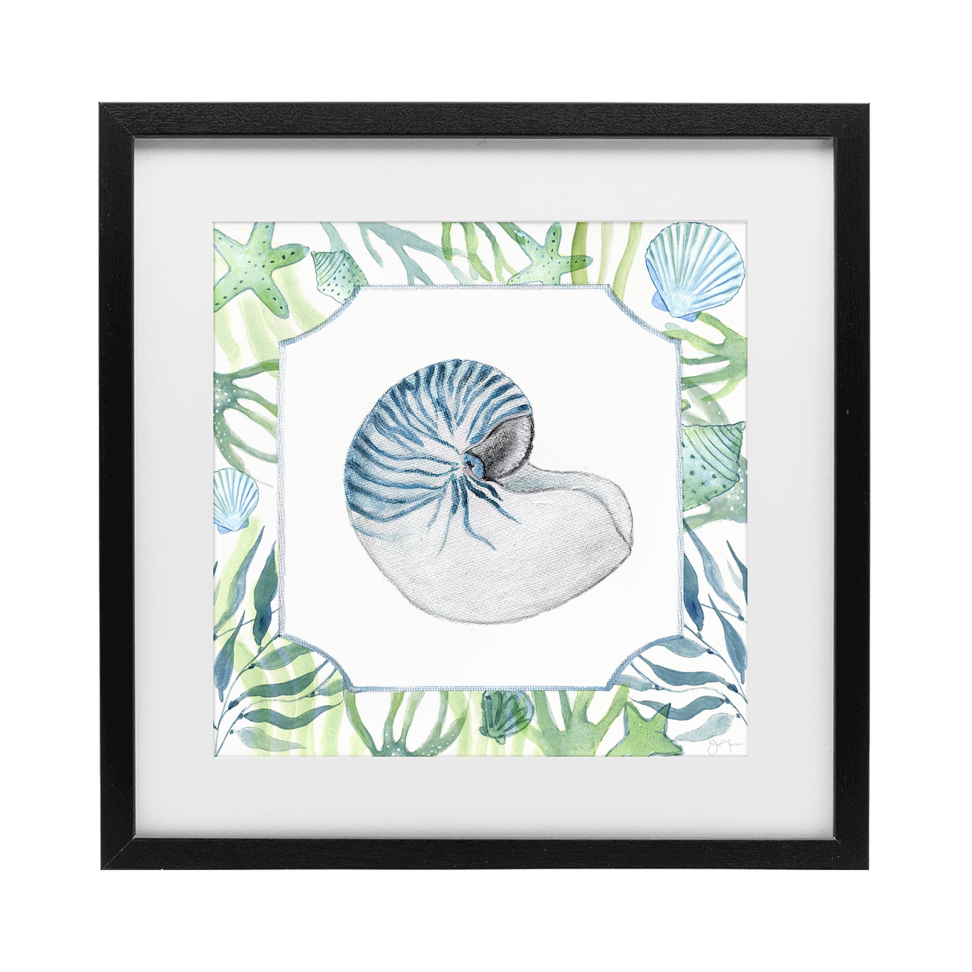 Stupell Industries Seaweed & Seashells Aquatic Black Framed Print Under Glass, design by Janet Tava