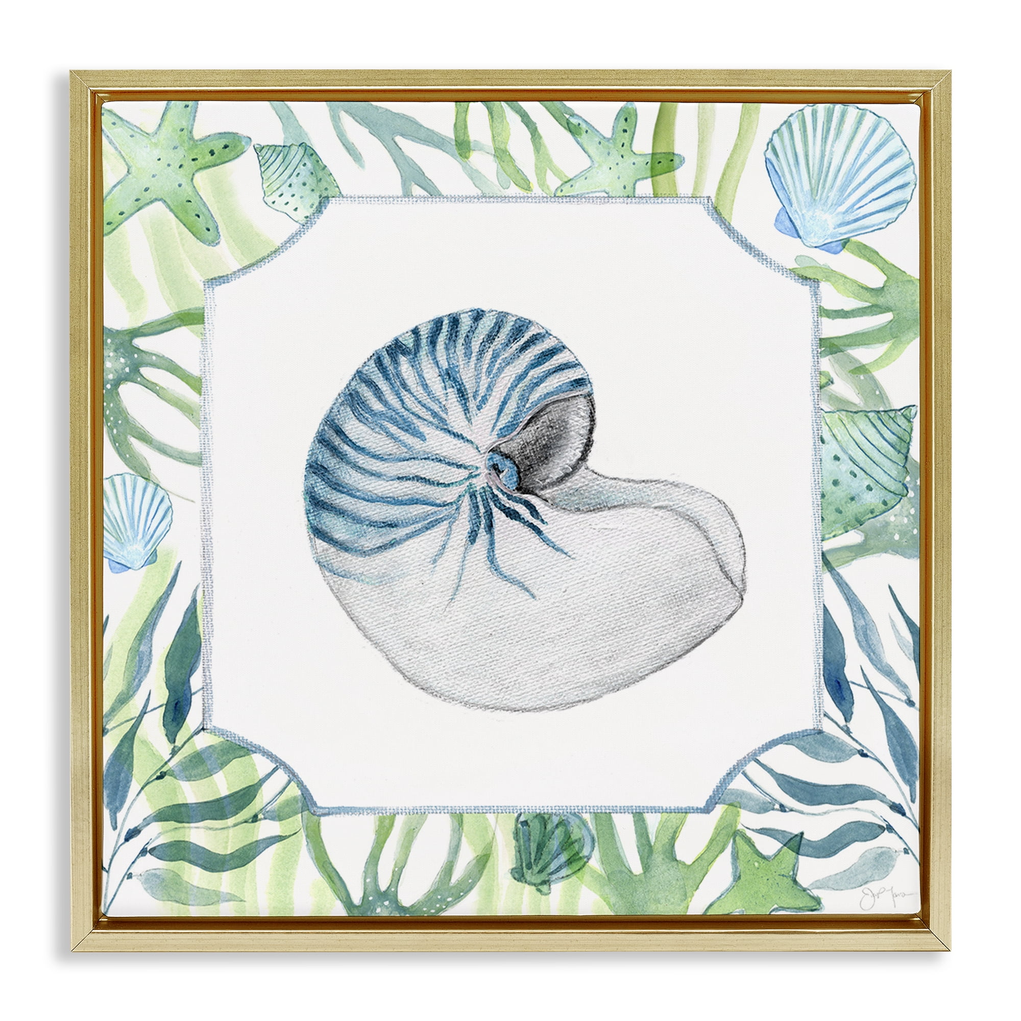 Stupell Industries Seaweed & Seashells Aquatic Gold Framed Floater Canvas Wall Art, design by Janet Tava