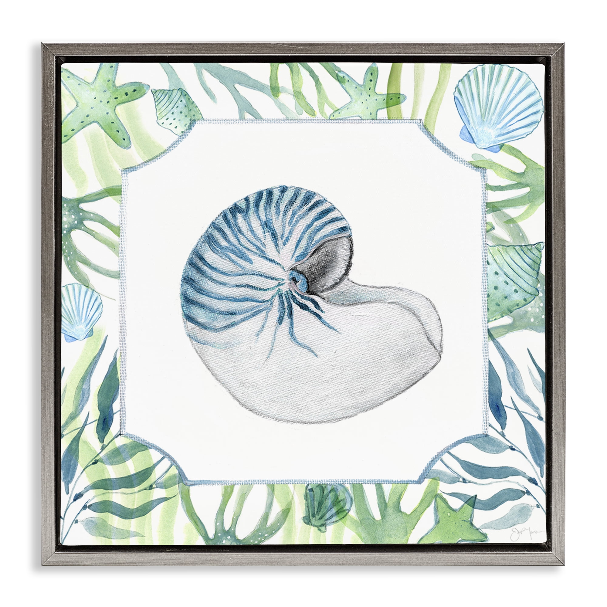 Stupell Industries Seaweed & Seashells Aquatic Gray Framed Floater Canvas Wall Art, design by Janet Tava