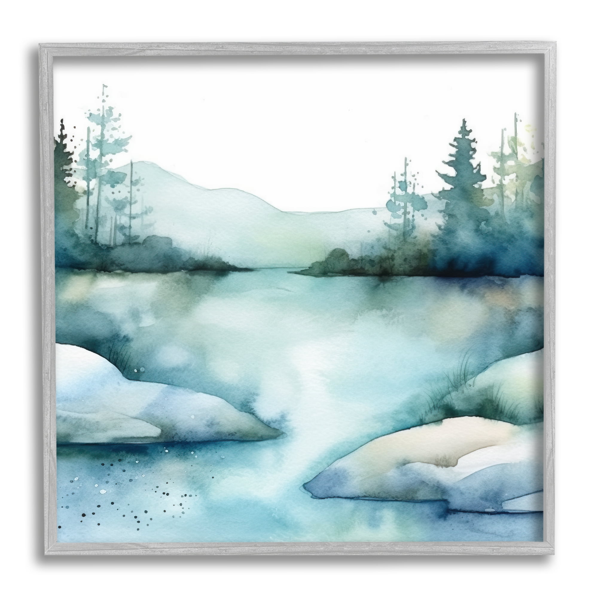 Serene Blue and Green Landscape Canvas Print with Gray Frame, 24 x 24