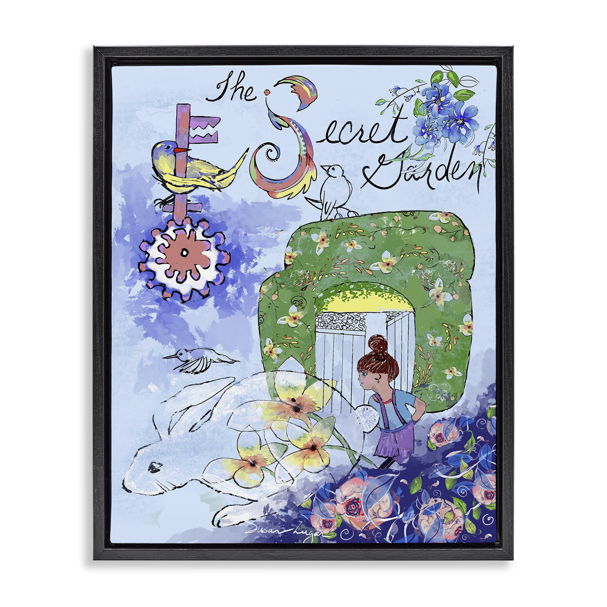 Stupell Industries Secret Garden Folk Illustration Black Framed Floater Canvas Wall Art, design by Susan Lugar