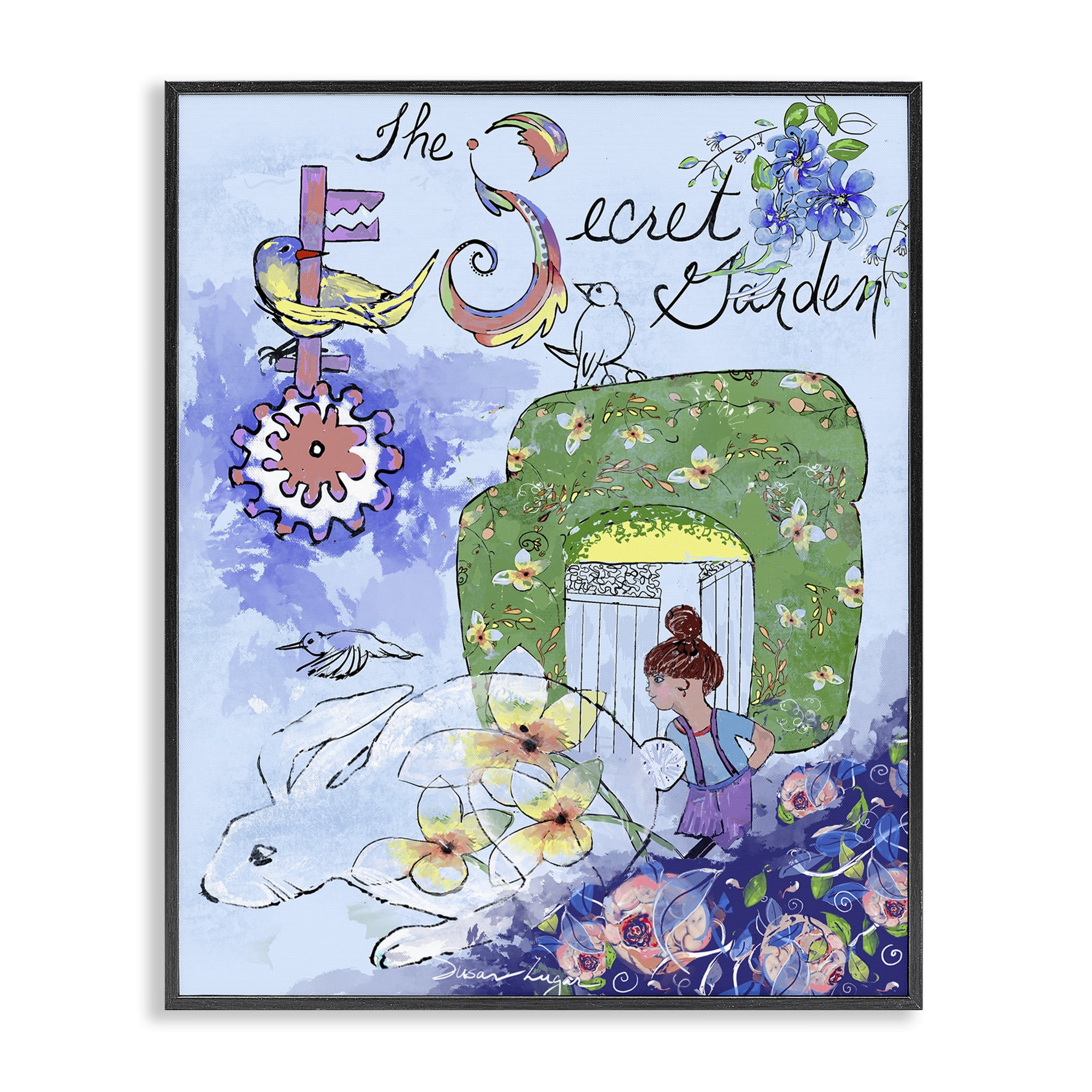 Stupell Industries Secret Garden Folk Illustration Black Framed Giclee Art, design by Susan Lugar