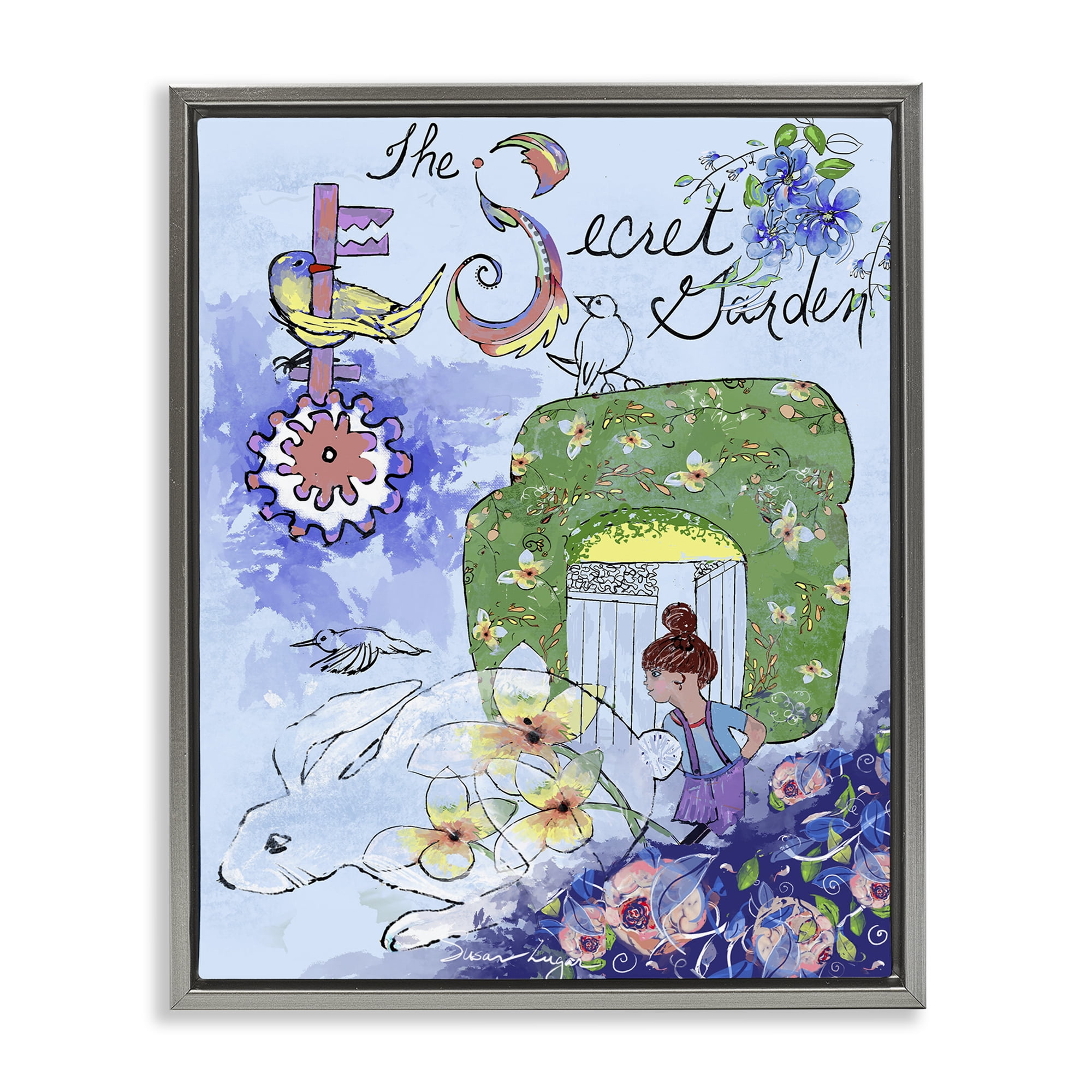 Stupell Industries Secret Garden Folk Illustration Gray Framed Floater Canvas Wall Art, design by Susan Lugar