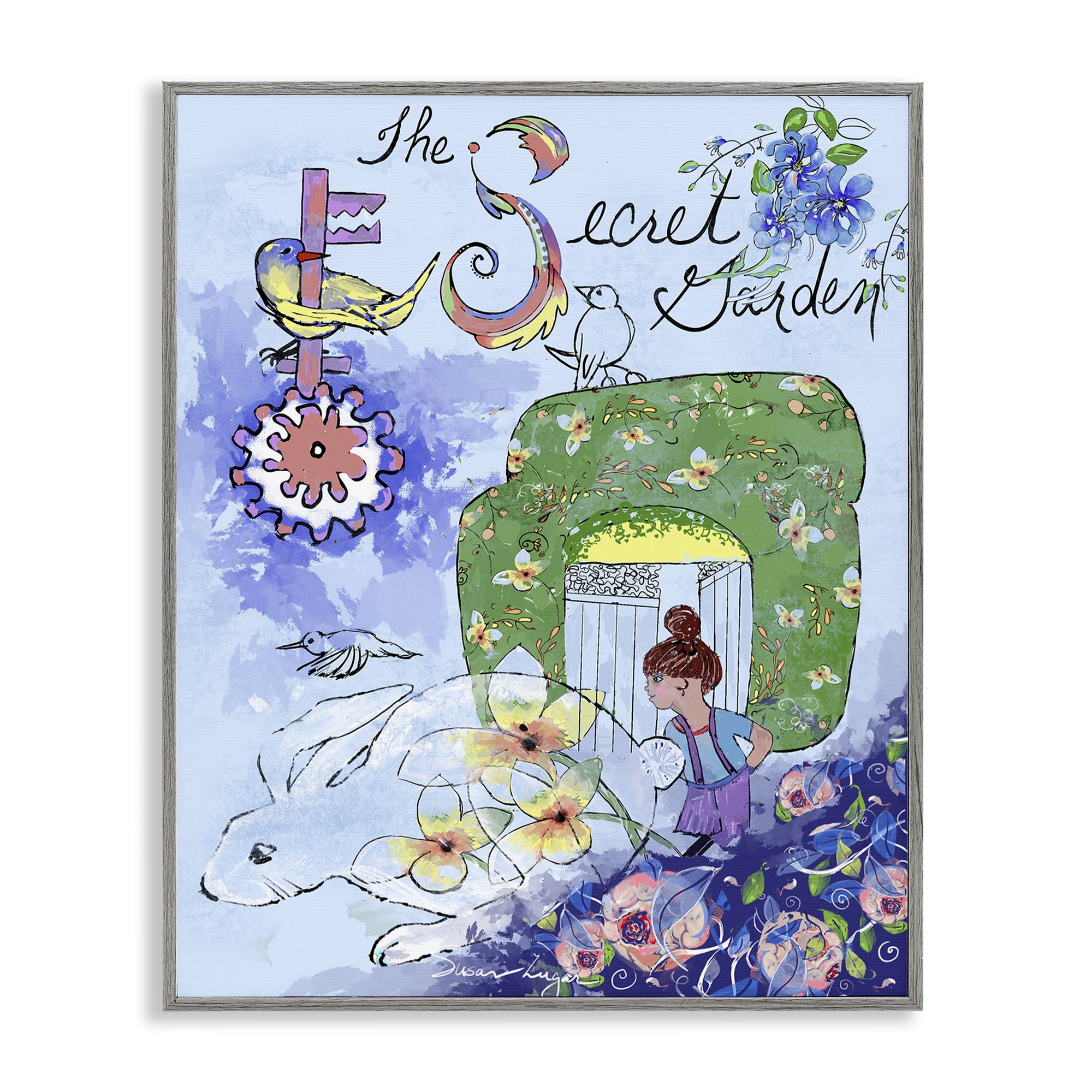 Stupell Industries Secret Garden Folk Illustration Gray Framed Giclee Art, design by Susan Lugar