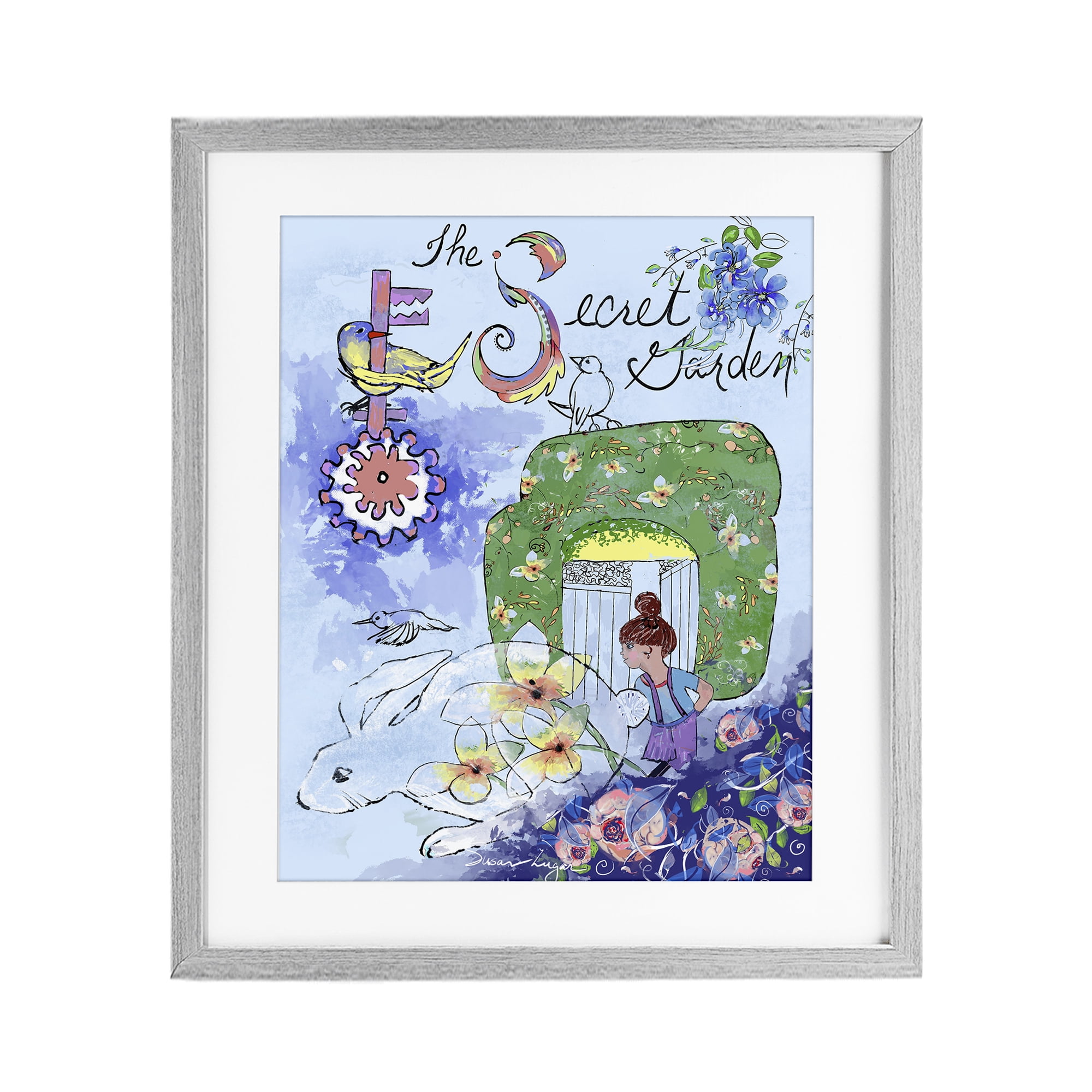 Stupell Industries Secret Garden Folk Illustration Gray Framed Print Under Glass, design by Susan Lugar