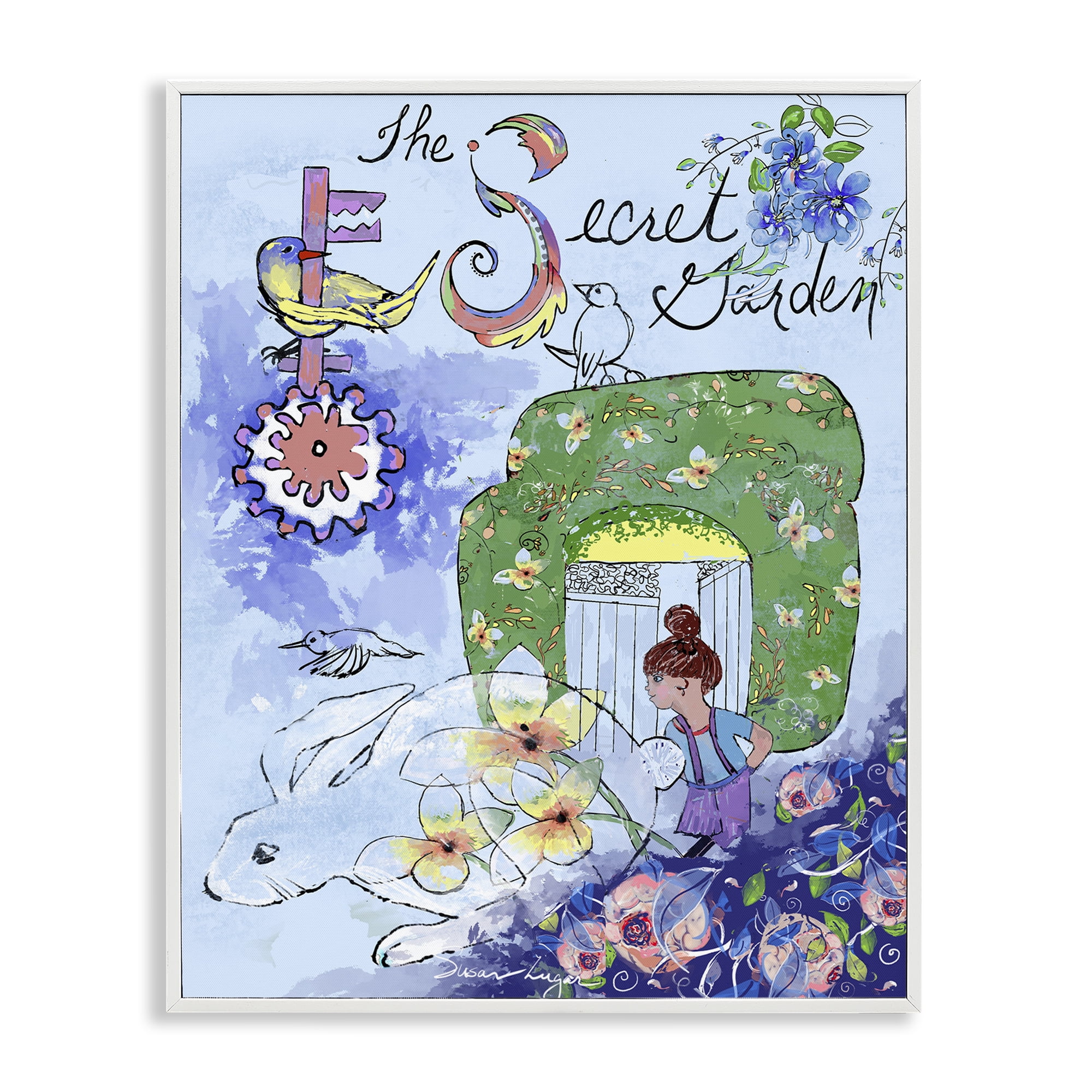 Stupell Industries Secret Garden Folk Illustration White Framed Giclee Art, design by Susan Lugar