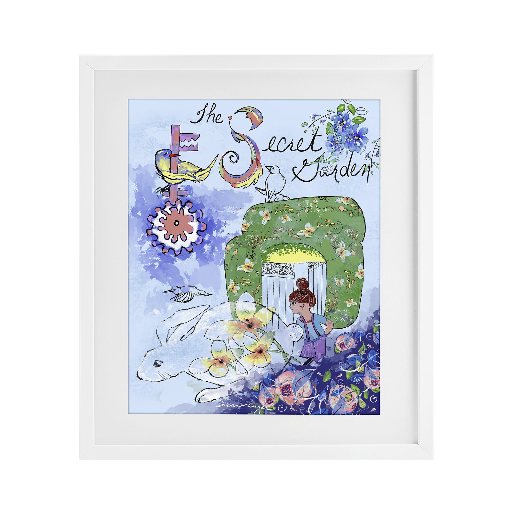 Stupell Industries Secret Garden Folk Illustration White Framed Print Under Glass, design by Susan Lugar