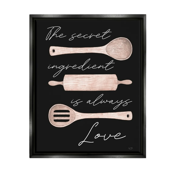 Stupell Industries Secret Ingredient Love Romantic Baking Utensil Quote Graphic Art Jet Black Floating Framed Canvas Print Wall Art, Design by Lux + Me Designs