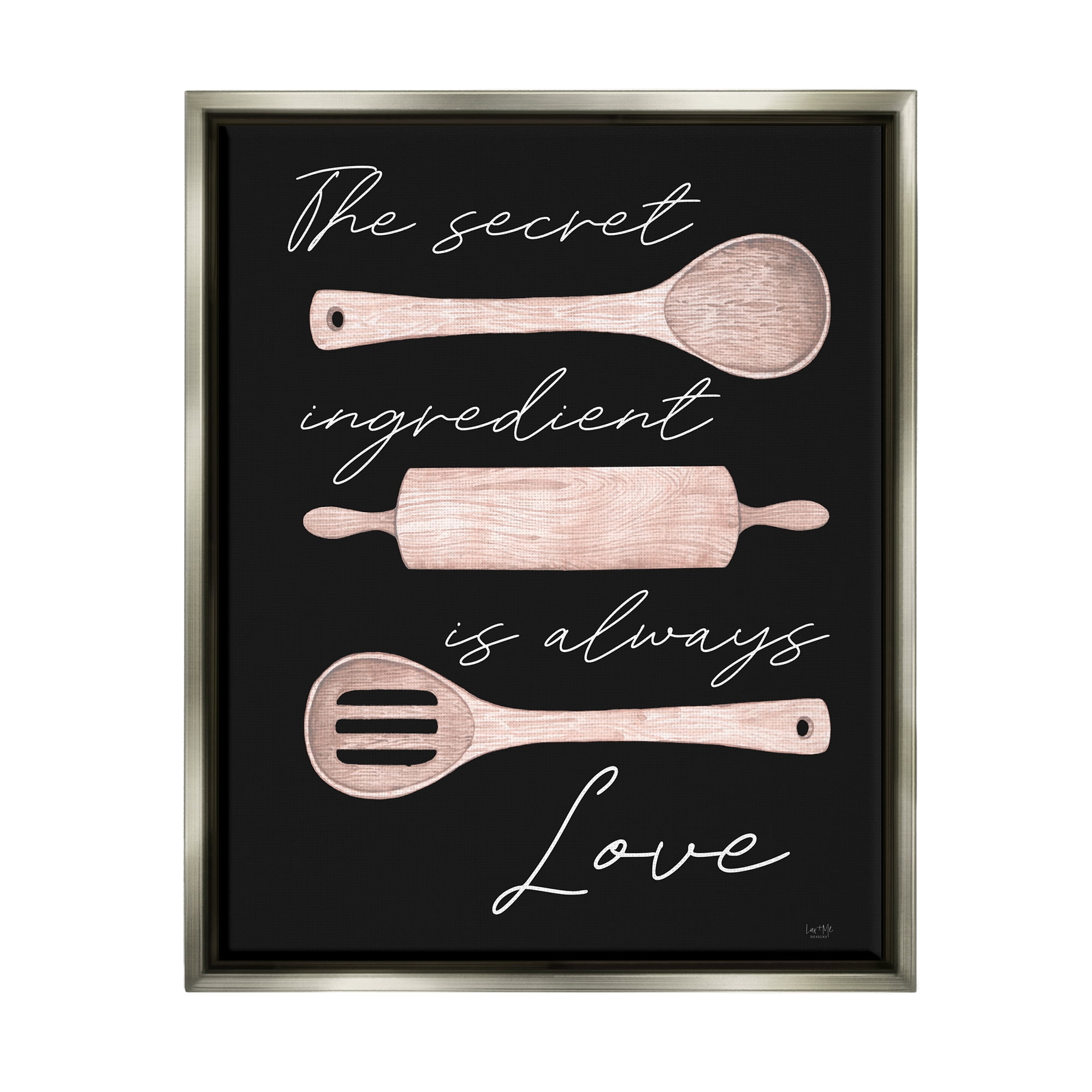 Stupell Industries Secret Ingredient Love Romantic Baking Utensil Quote Graphic Art Luster Gray Floating Framed Canvas Print Wall Art, Design by Lux + Me Designs