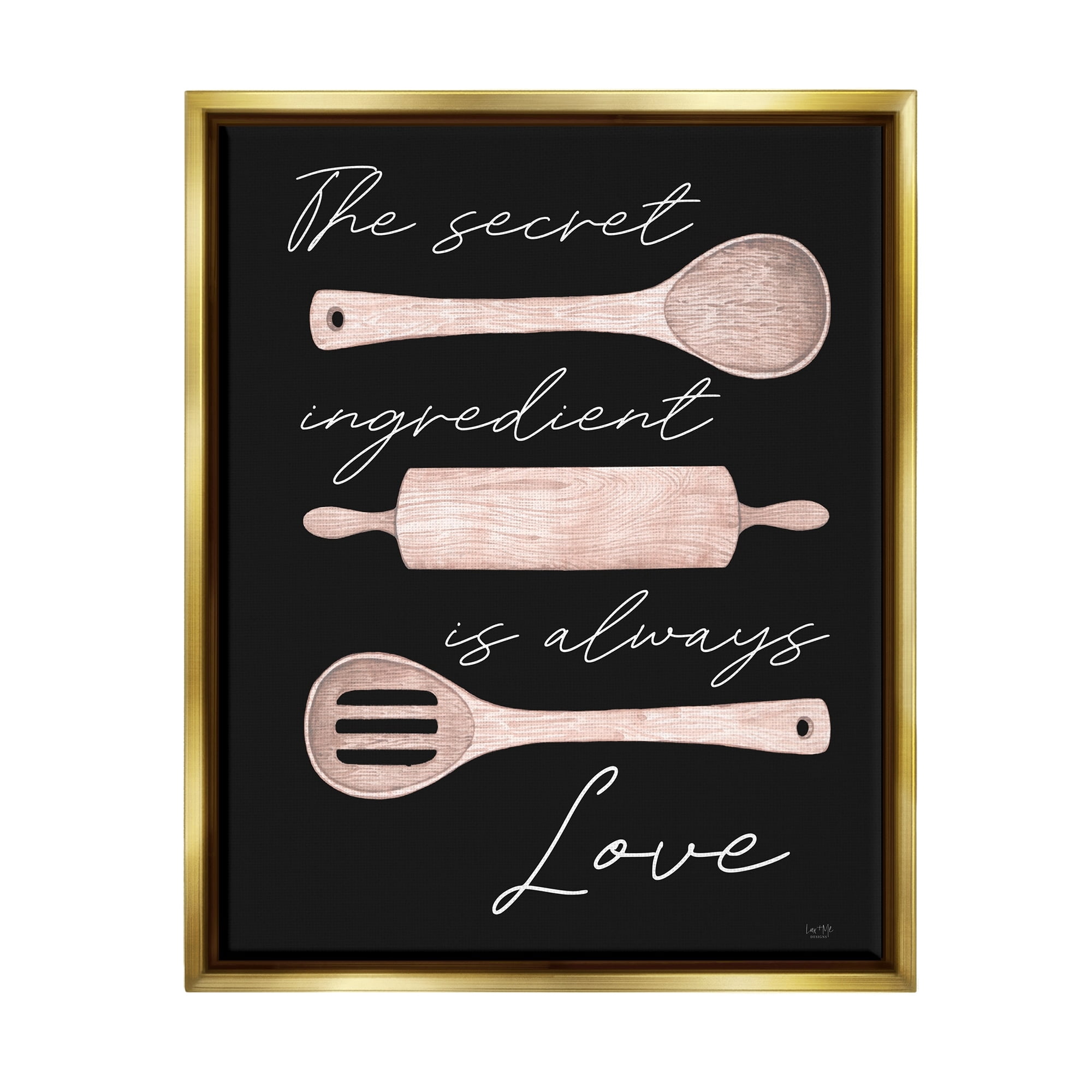 Stupell Industries Secret Ingredient Love Romantic Baking Utensil Quote Graphic Art Metallic Gold Floating Framed Canvas Print Wall Art, Design by Lux + Me Designs