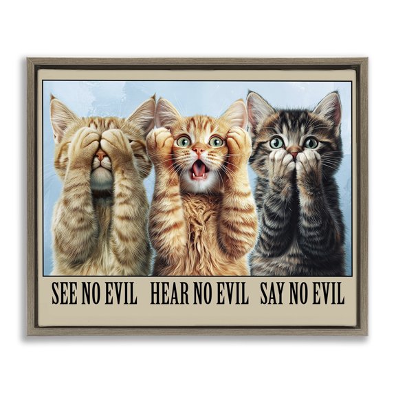 Stupell Industries See No Evil Cats Brown Framed Floater Canvas Wall Art design by Jim Baldwin, 17 x 21