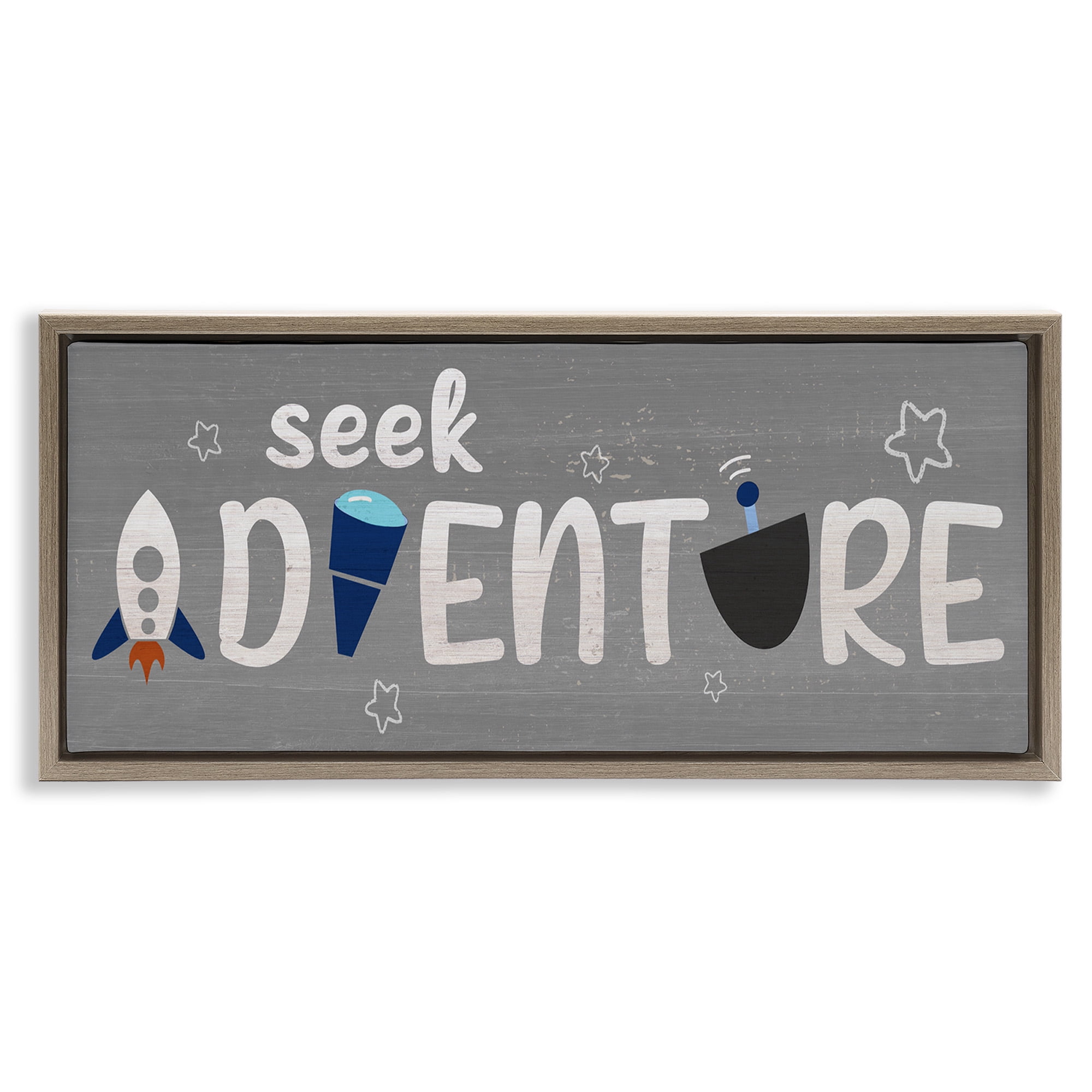 Stupell Industries Seek Adventure Imagination Sentiment Art for Kids Painting Brown Floater Framed Canvas Art Print Wall Art, 31 x 14