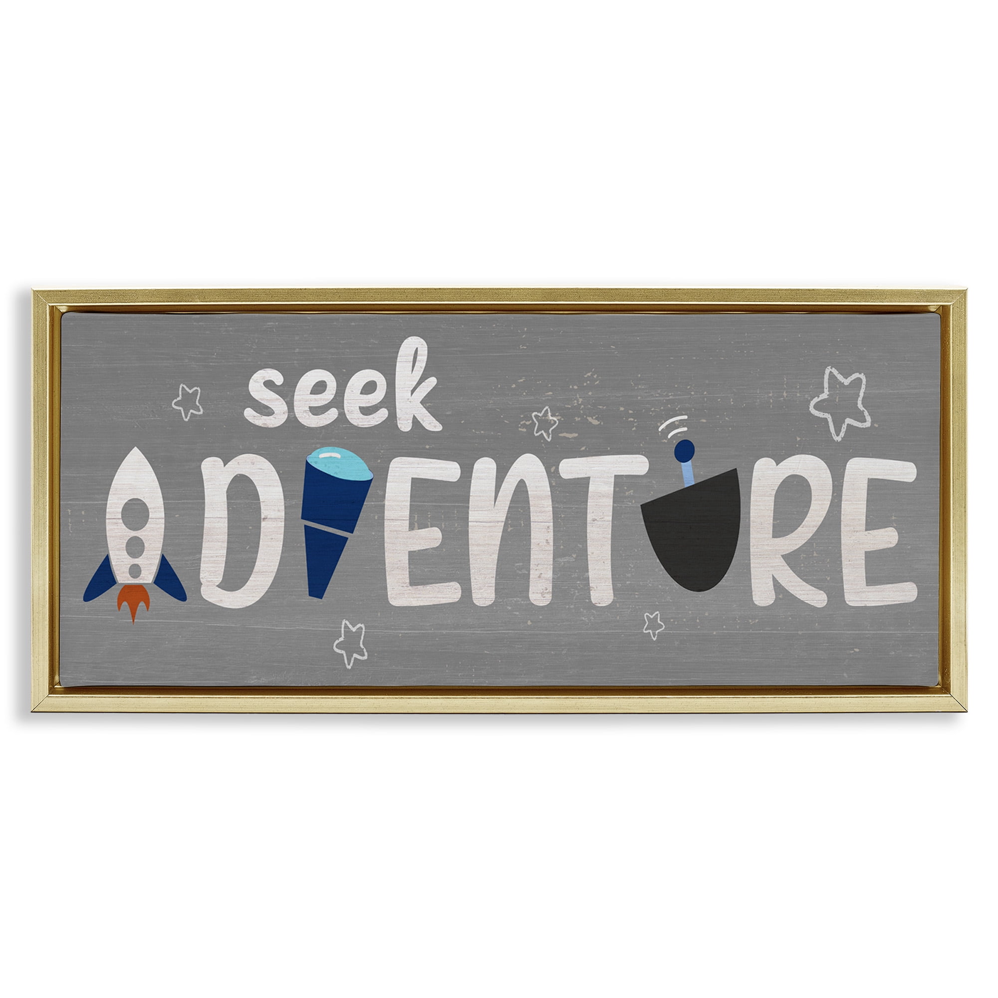 Stupell Industries Seek Adventure Imagination Sentiment Art for Kids Painting Gold Floater Framed Canvas Art Print Wall Art, 31 x 14