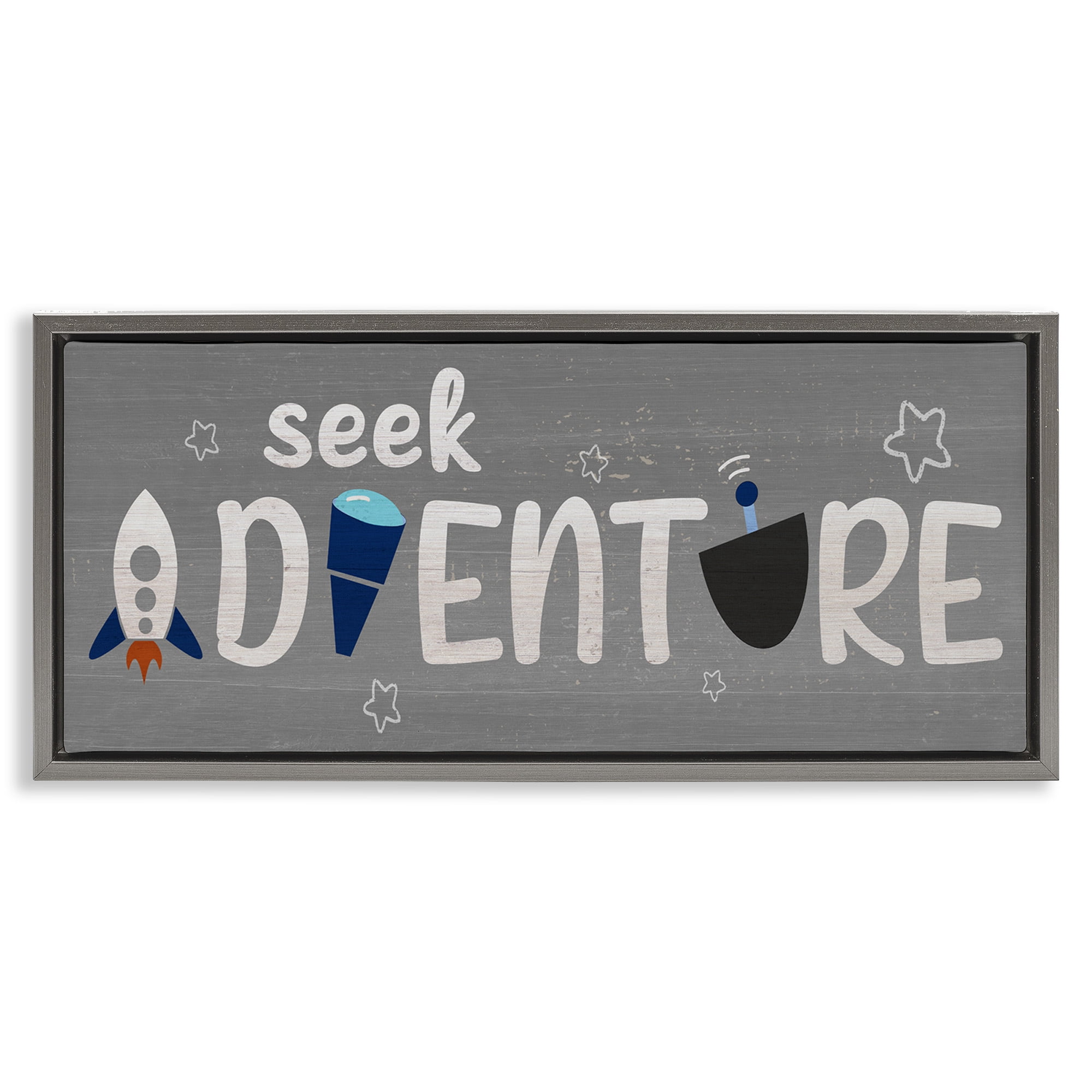 Stupell Industries Seek Adventure Imagination Sentiment Art for Kids Painting Gray Floater Framed Canvas Art Print Wall Art, 31 x 14