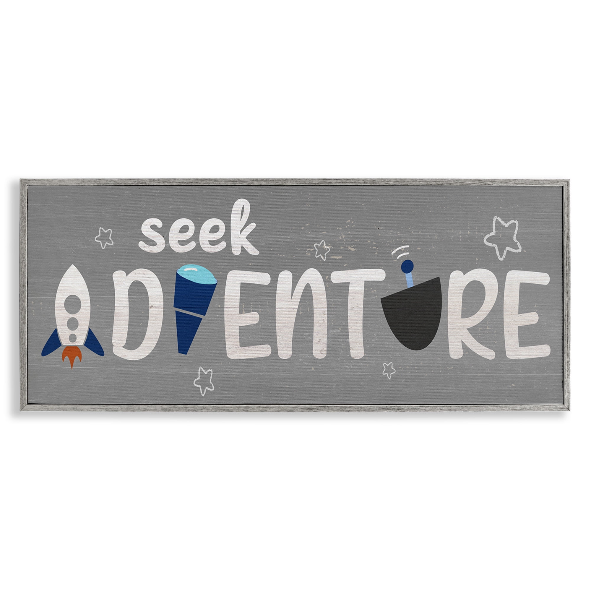 Stupell Industries Seek Adventure Imagination Sentiment Art for Kids Painting Gray Framed Art Print Wall Art, 24 x 10