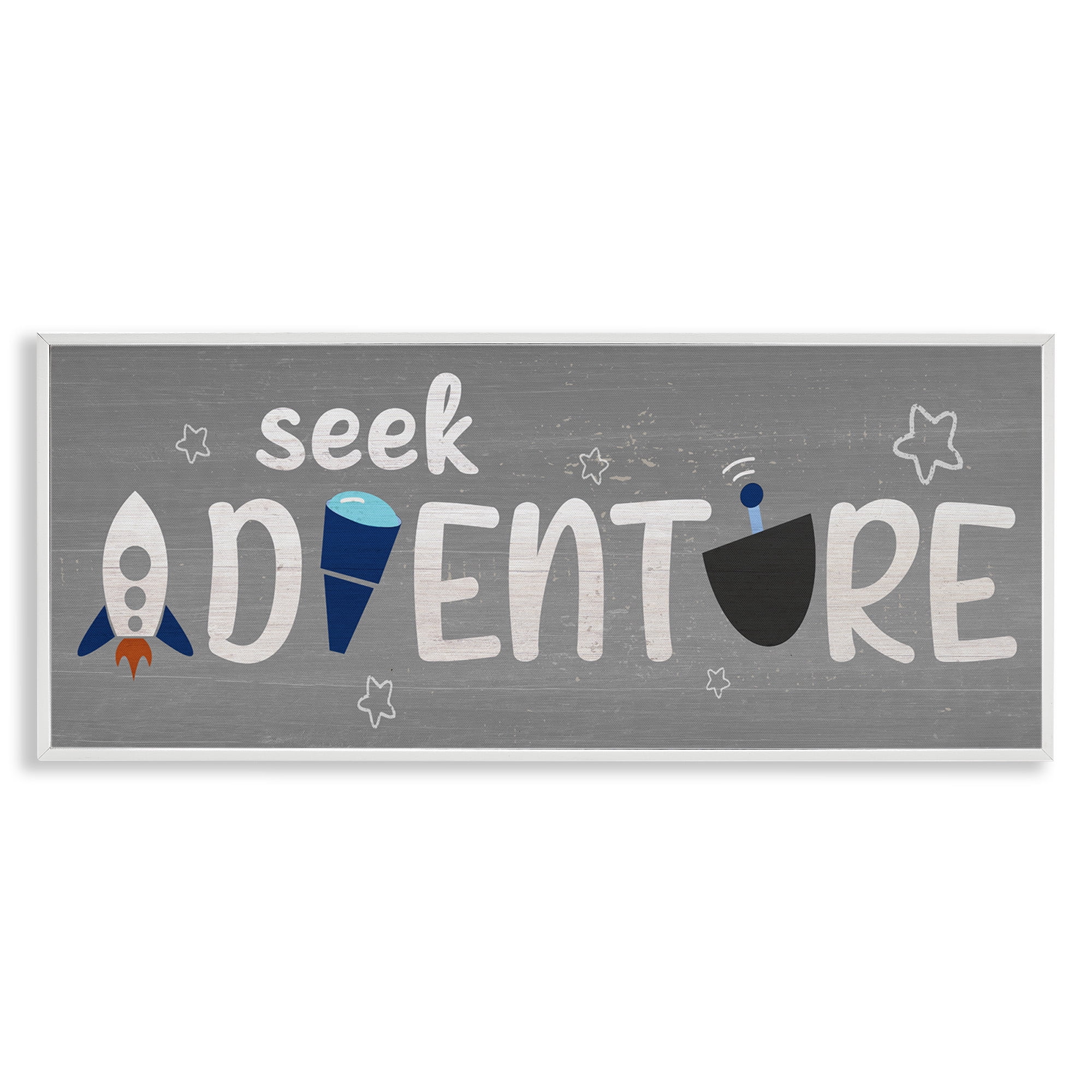 Stupell Industries Seek Adventure Imagination Sentiment Art for Kids Painting White Framed Art Print Wall Art, 30 x 13